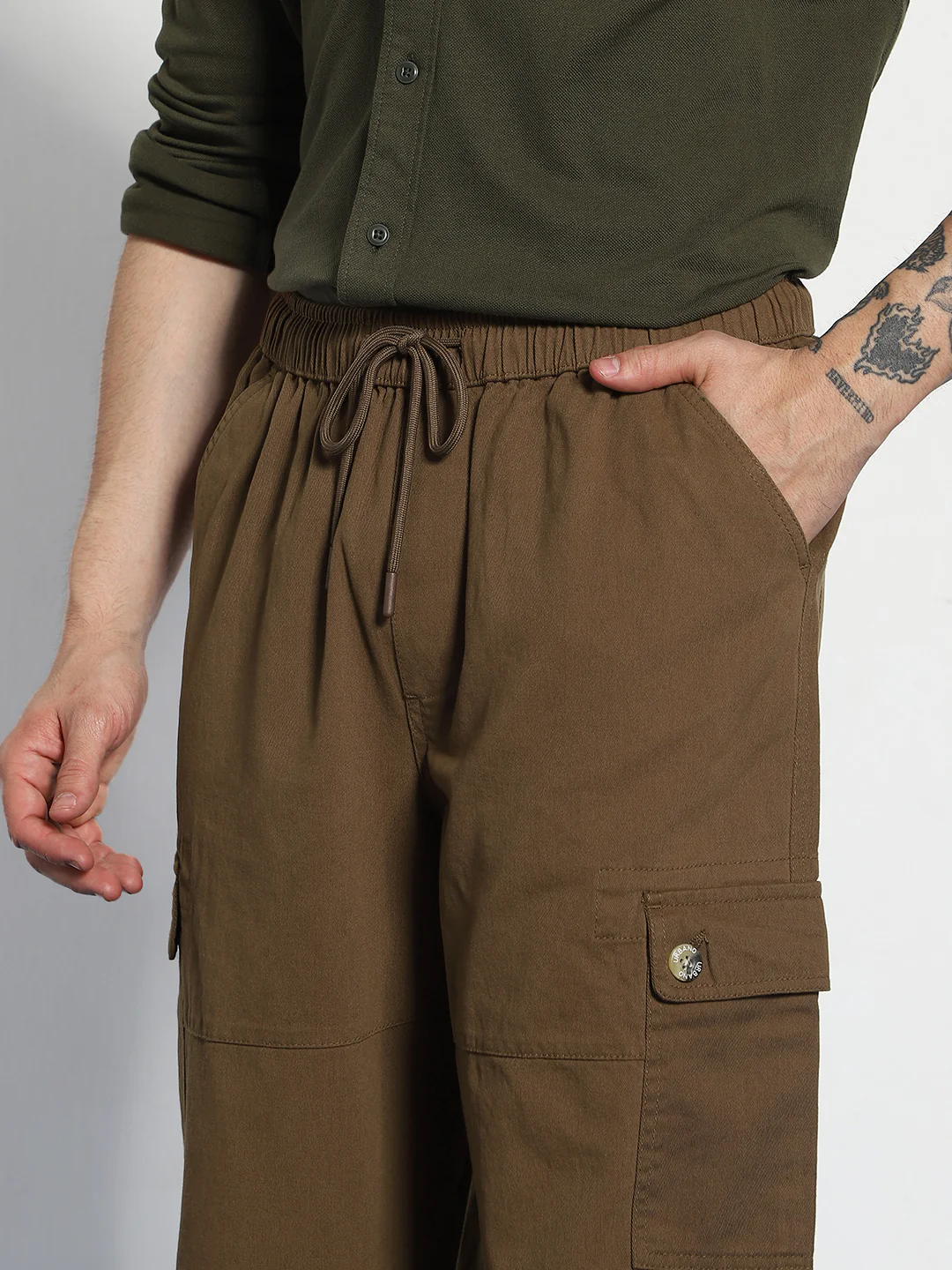 Men's Brown Loose Baggy Fit Cargo Jogger Chino Pant with 6 Pockets Stretchable - Image 5