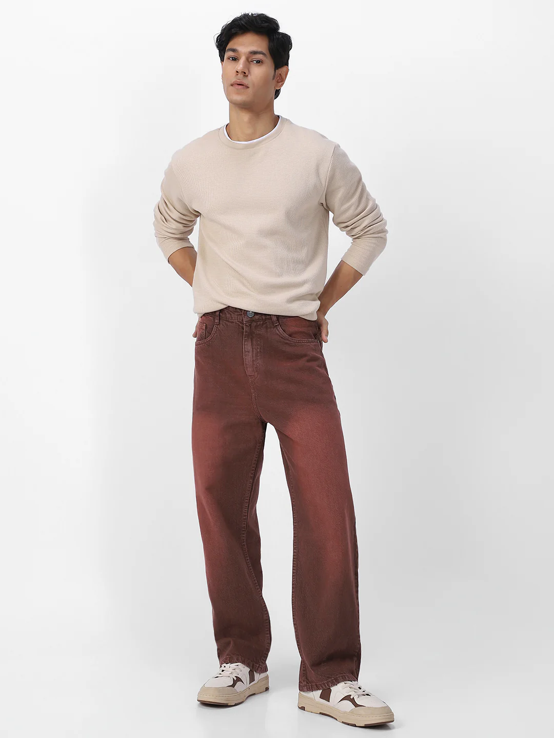 Men's Brown Loose Baggy Fit Washed Jeans Non-Stretchable - Image 4