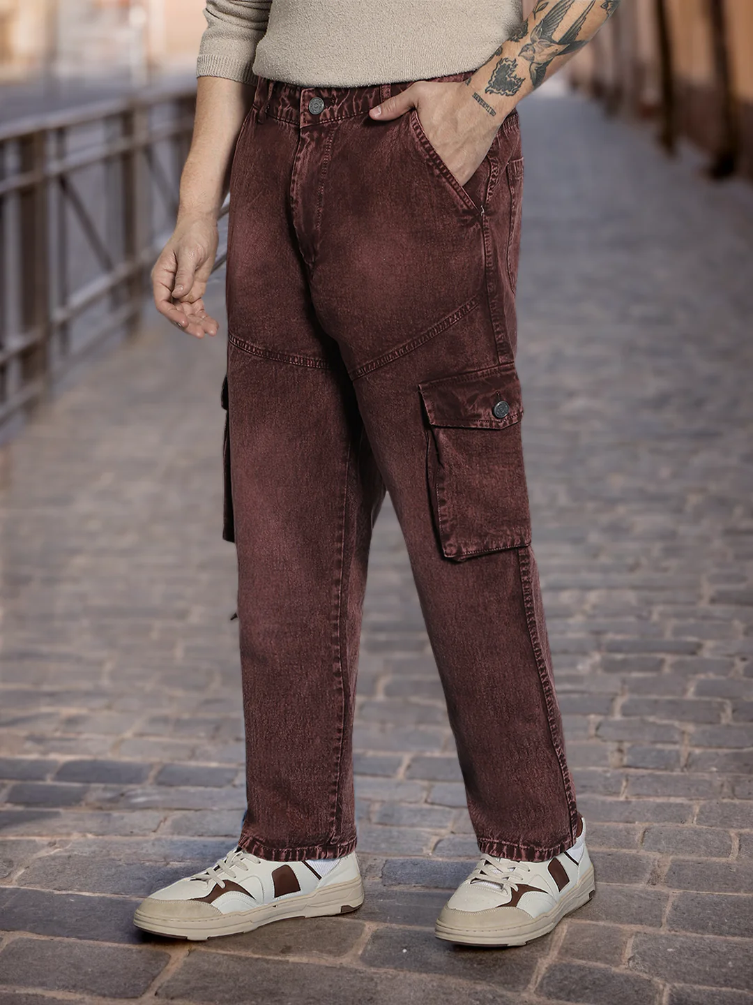 Men's Brown Loose Baggy Fit Washed Cargo Jeans with 7 Pockets Non-Stretchable