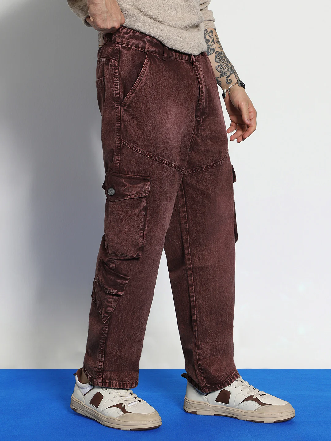 Men's Brown Loose Baggy Fit Washed Cargo Jeans with 7 Pockets Non-Stretchable - Image 2