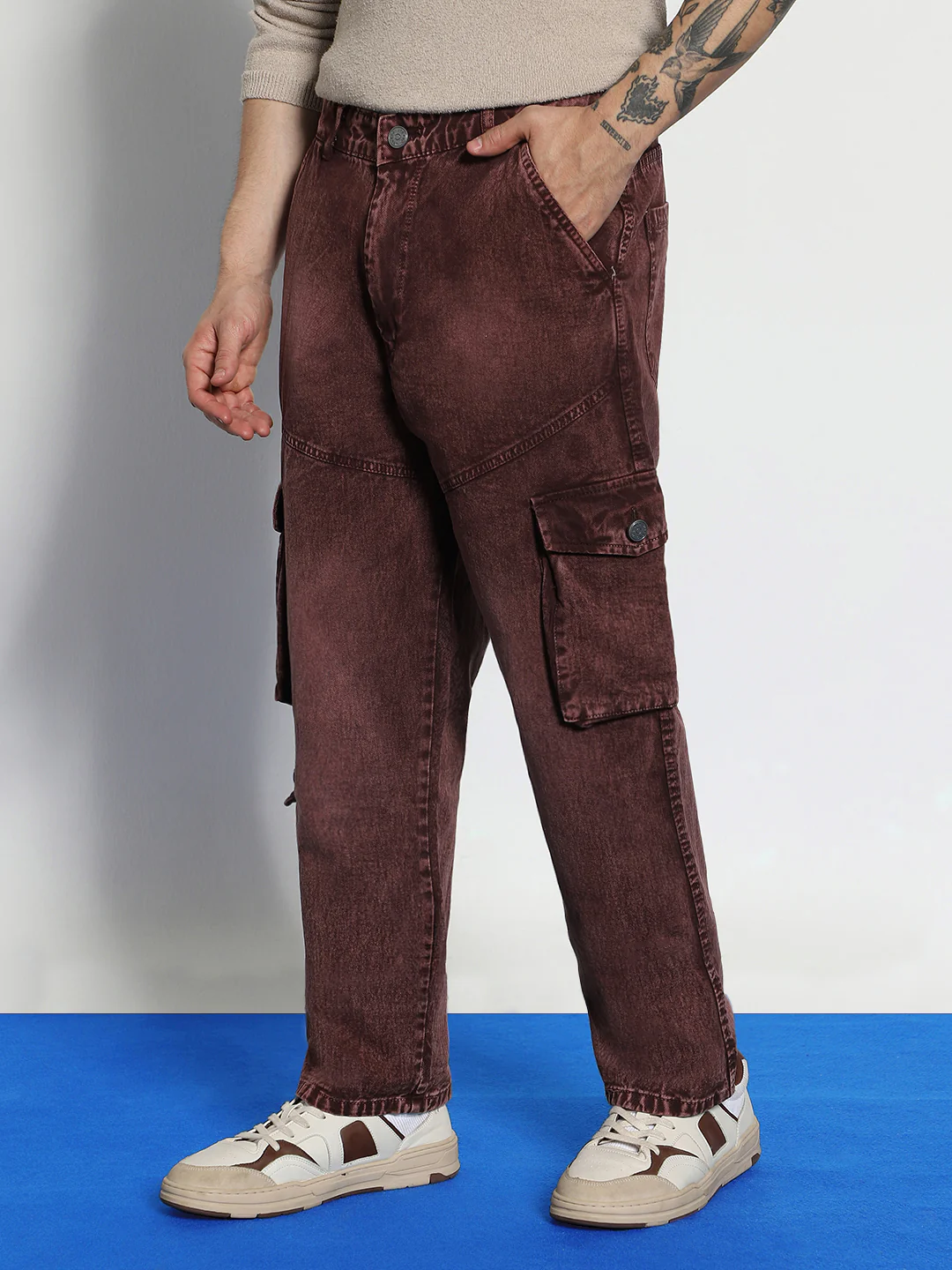 Men's Brown Loose Baggy Fit Washed Cargo Jeans with 7 Pockets Non-Stretchable - Image 3