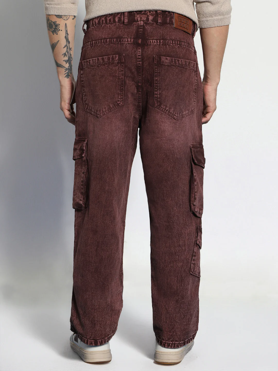 Men's Brown Loose Baggy Fit Washed Cargo Jeans with 7 Pockets Non-Stretchable - Image 4