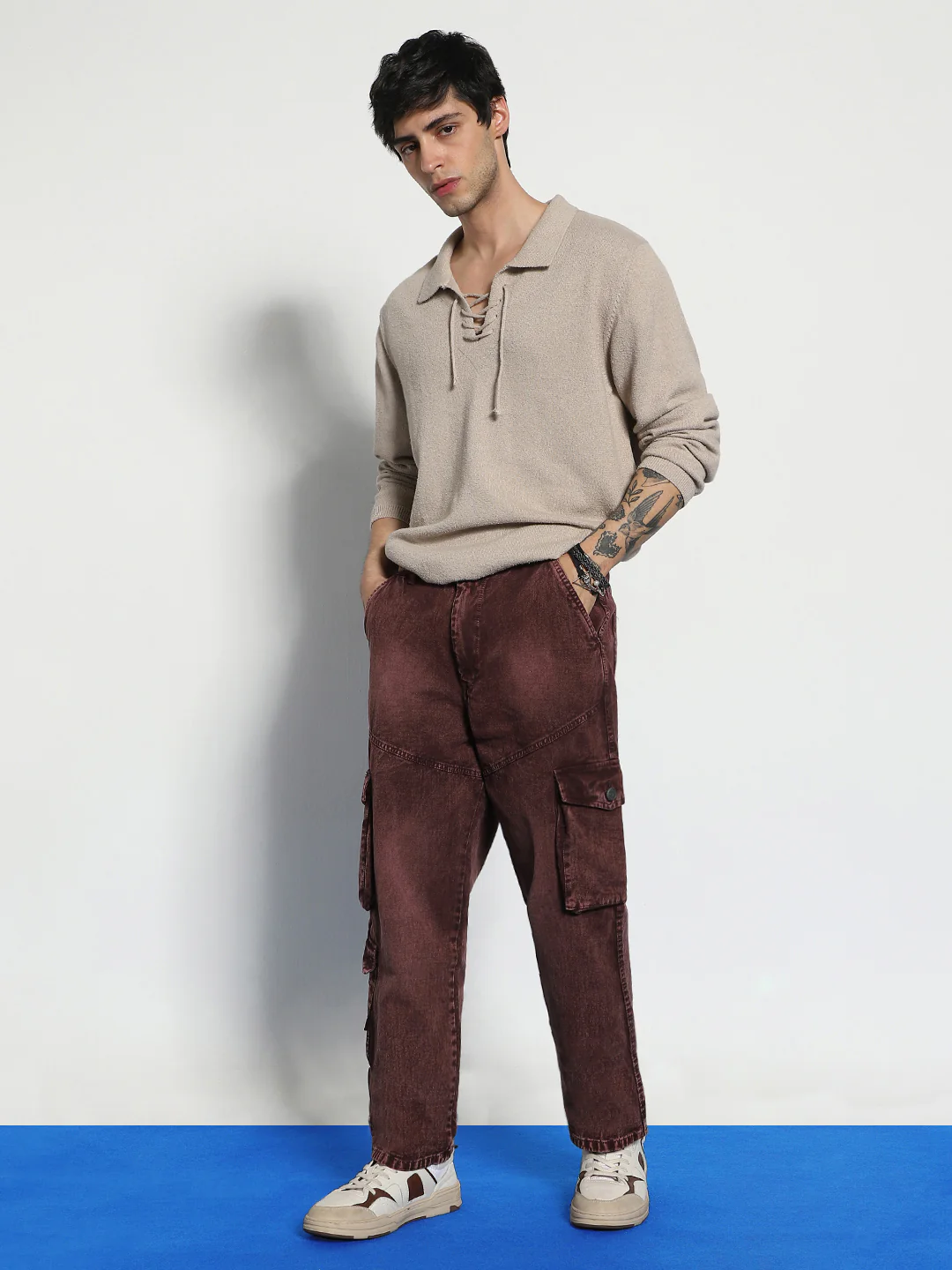 Men's Brown Loose Baggy Fit Washed Cargo Jeans with 7 Pockets Non-Stretchable - Image 5