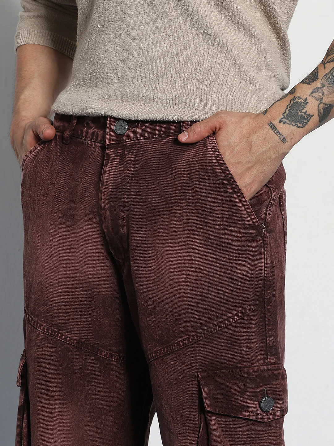 Men's Brown Loose Baggy Fit Washed Cargo Jeans with 7 Pockets Non-Stretchable - Image 6
