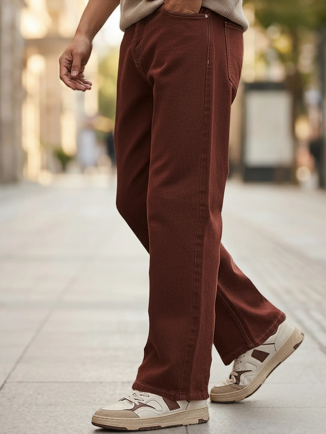 Men's Brown Loose Fit Washed Jeans Non-Stretchable