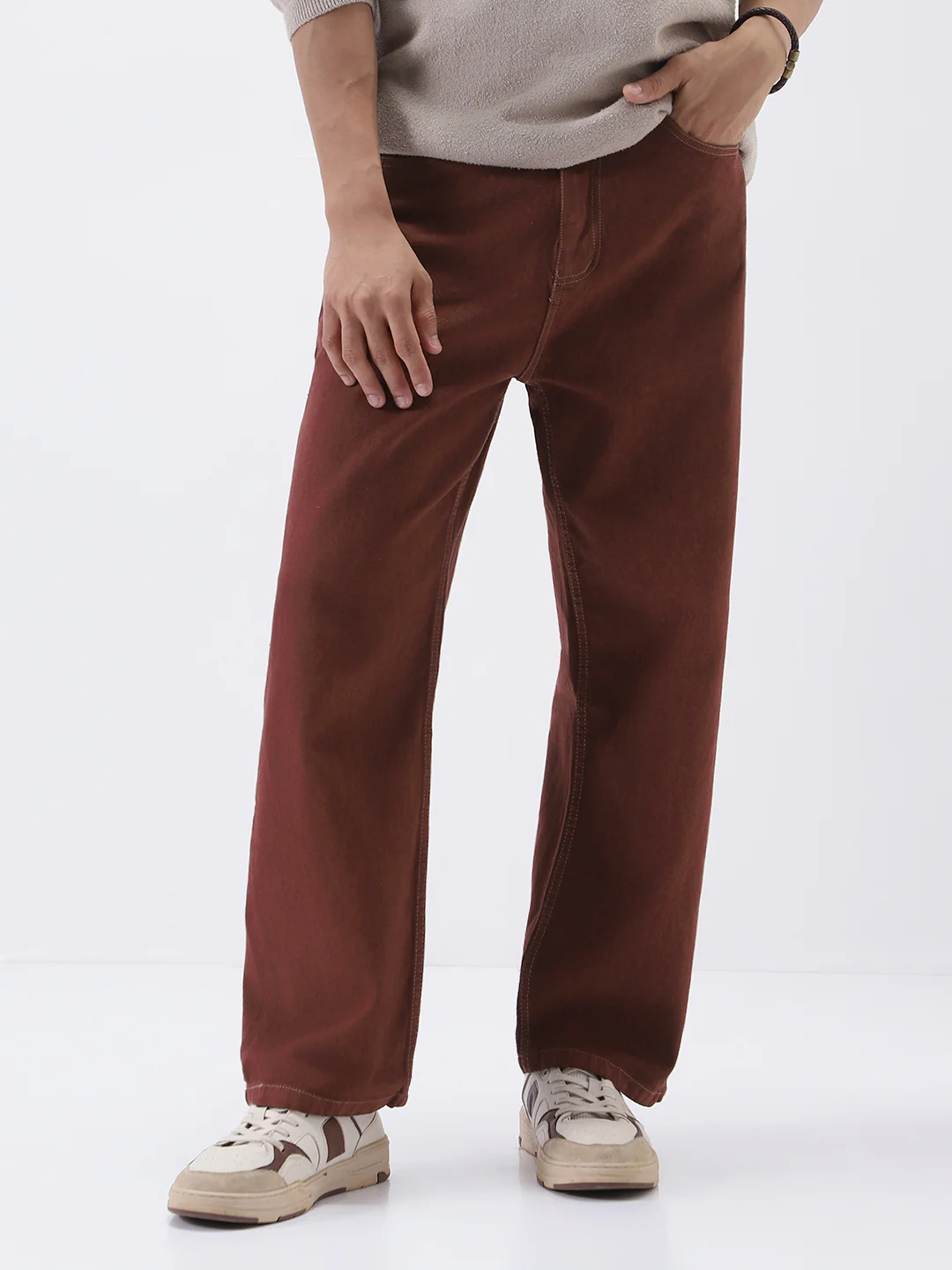 Men's Brown Loose Fit Washed Jeans Non-Stretchable - Image 2