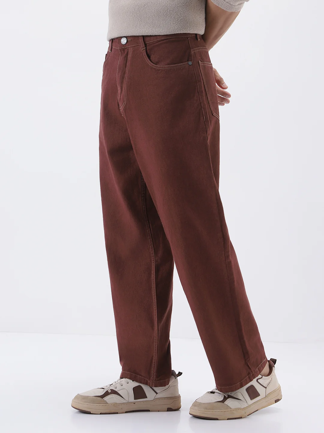Men's Brown Loose Fit Washed Jeans Non-Stretchable - Image 3
