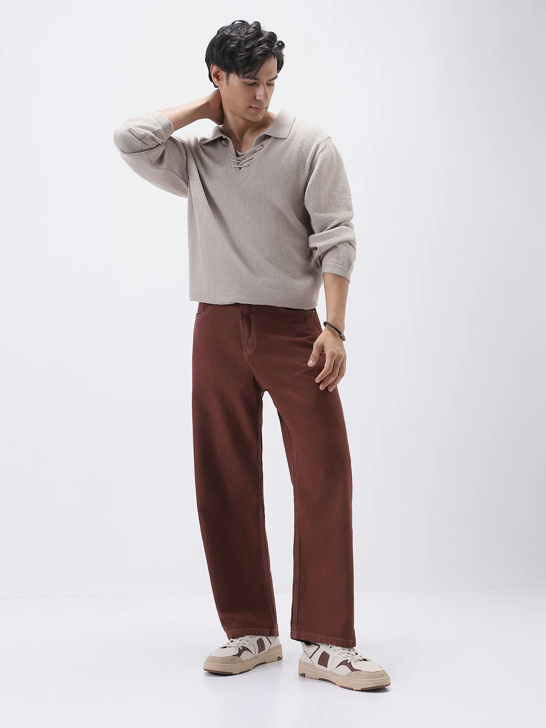 Men's Brown Loose Fit Washed Jeans Non-Stretchable - Image 5