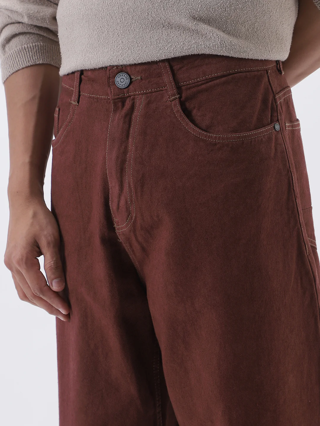 Men's Brown Loose Fit Washed Jeans Non-Stretchable - Image 6