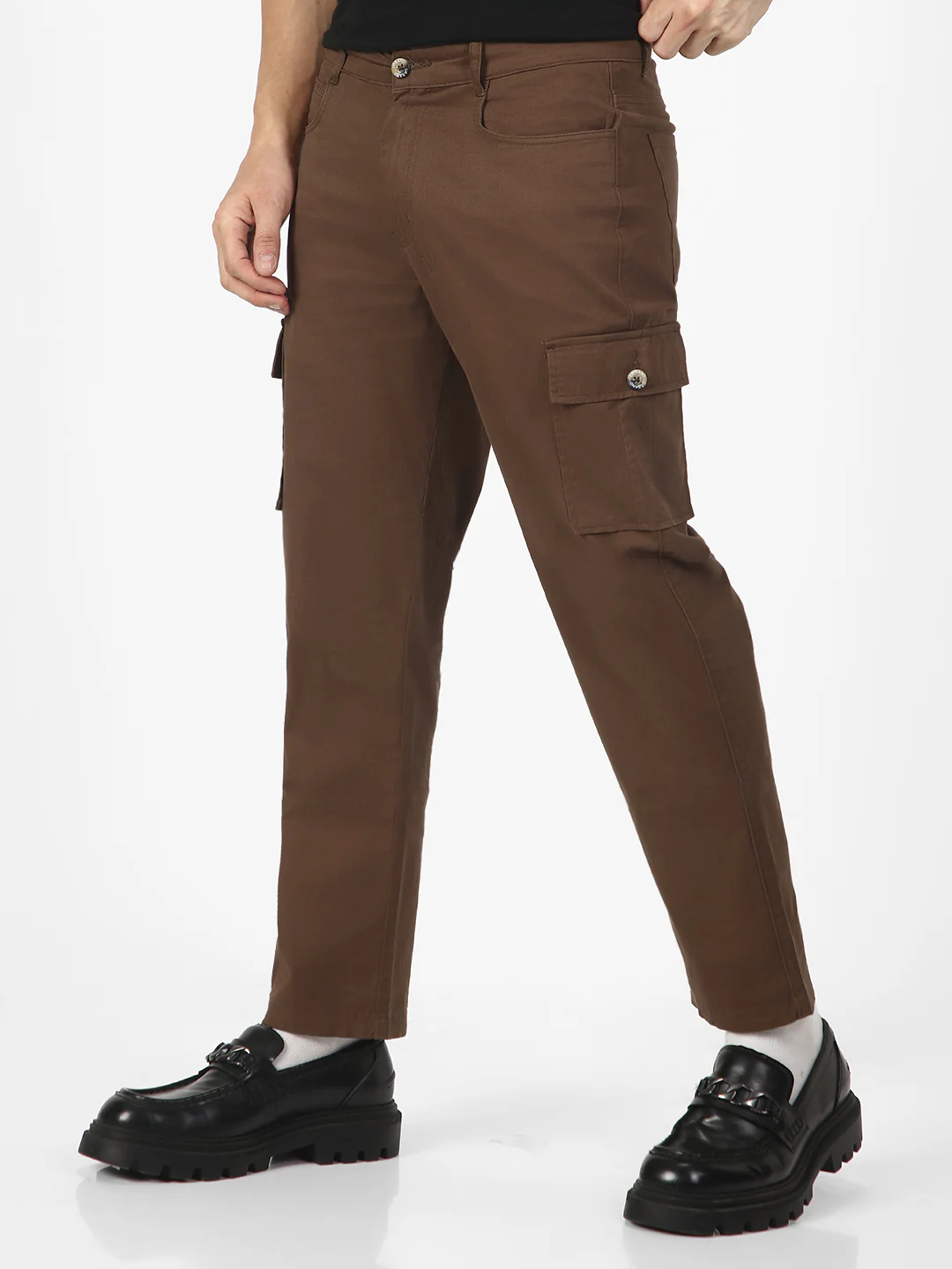 Men's Brown Regular Fit Solid Cargo Chino Pant with 6 Pockets Stretchable - Image 2
