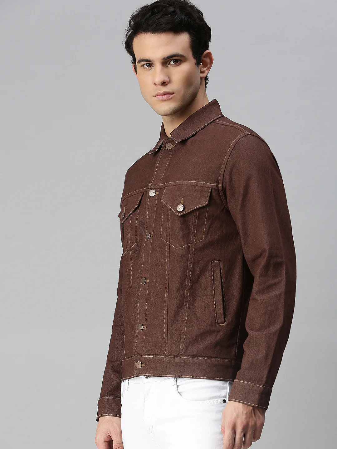 Men's Brown Regular Fit Washed Full Sleeve Denim Jacket - Image 3