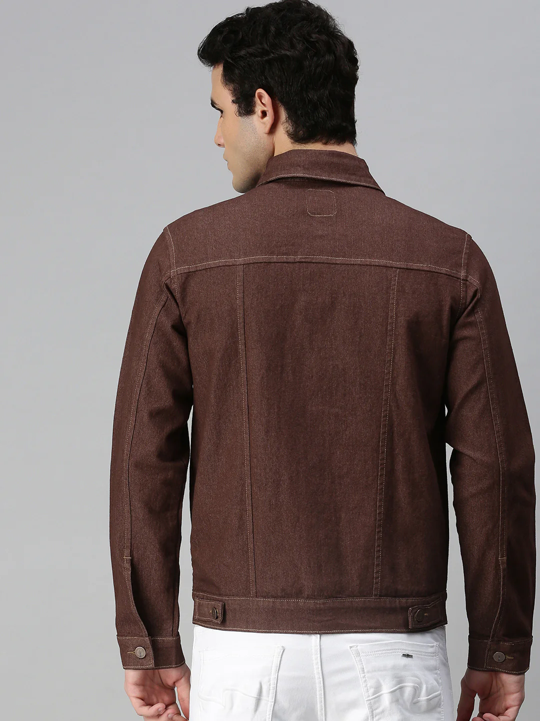 Men's Brown Regular Fit Washed Full Sleeve Denim Jacket - Image 4