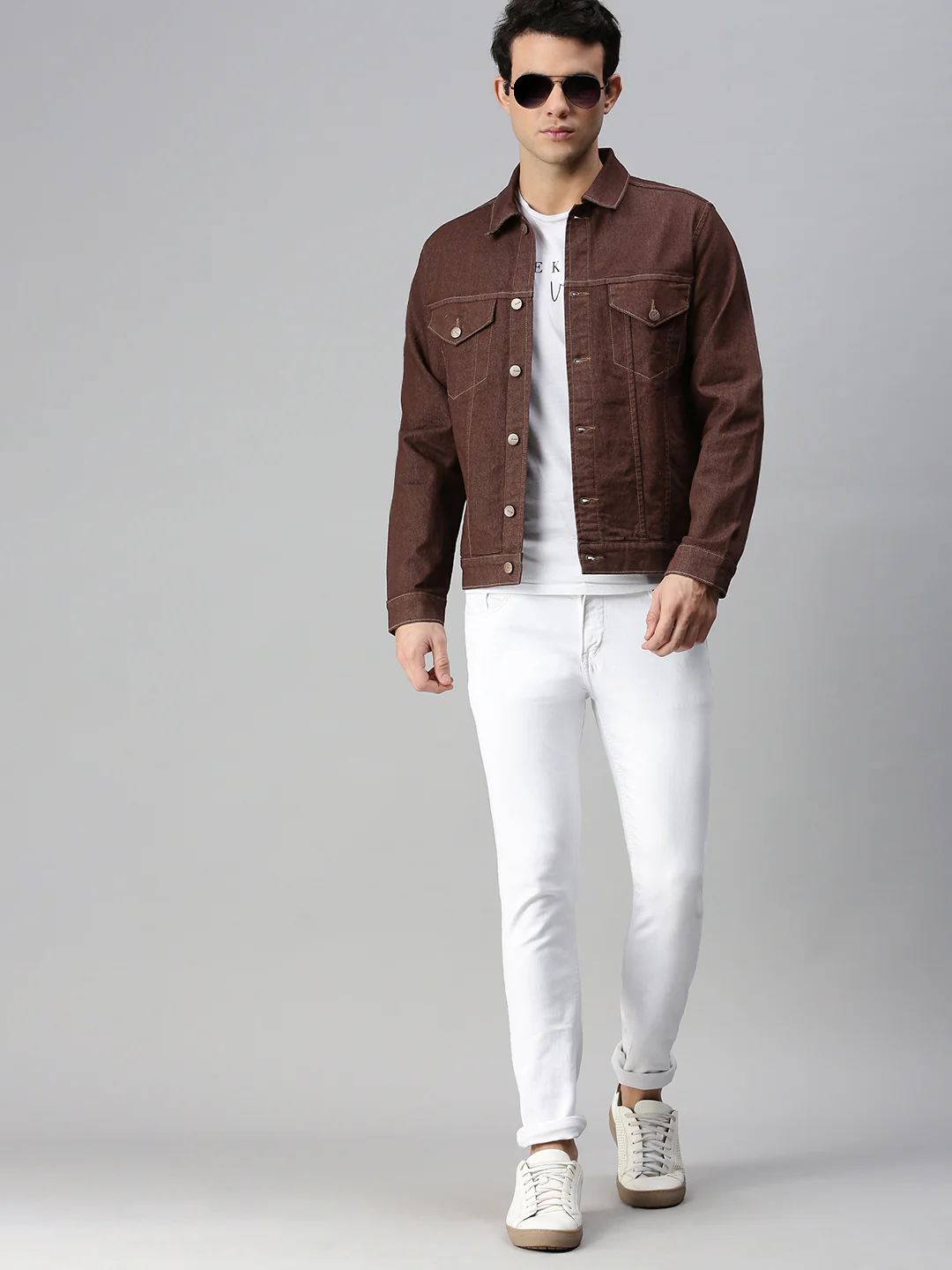 Men's Brown Regular Fit Washed Full Sleeve Denim Jacket - Image 5