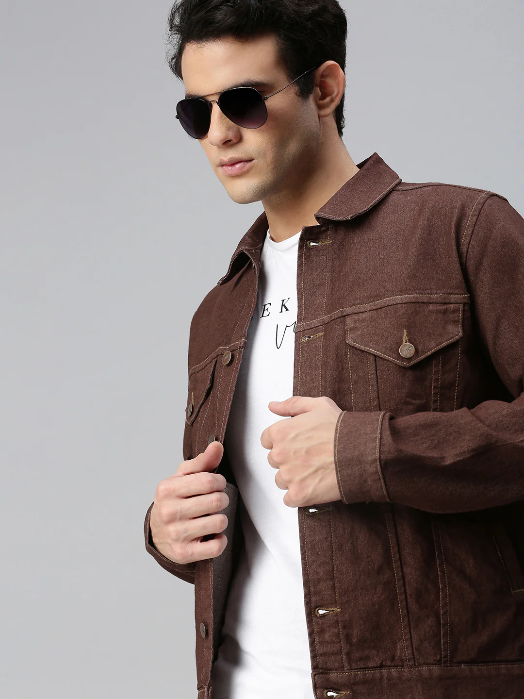 Men's Brown Regular Fit Washed Full Sleeve Denim Jacket - Image 6