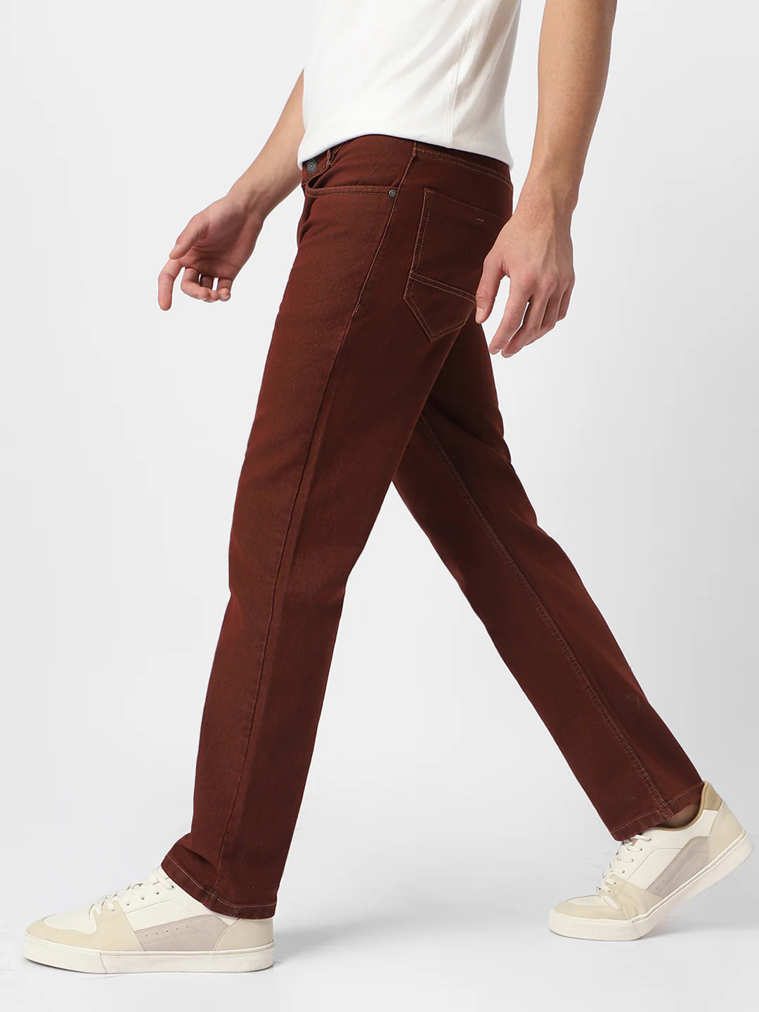 Men's Brown Regular Fit Washed Jeans Stretchable - Image 3