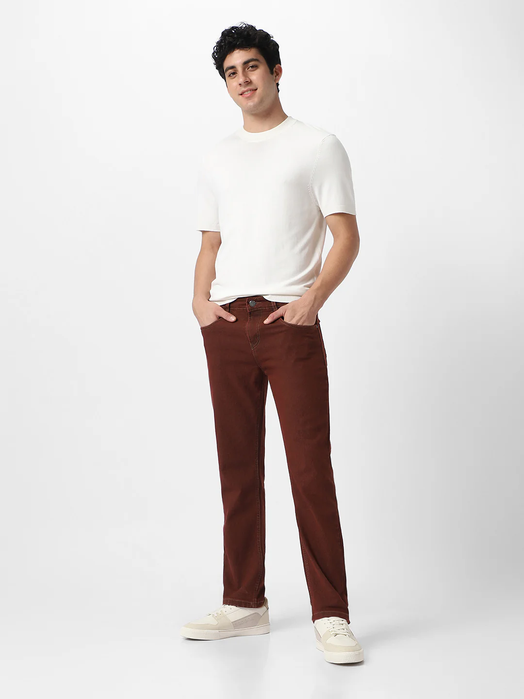 Men's Brown Regular Fit Washed Jeans Stretchable - Image 5