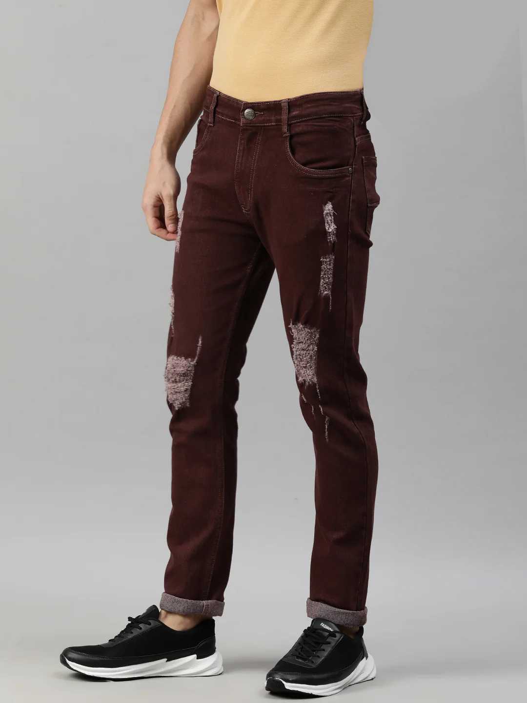 Men's Brown Slim Fit Heavy Distressed/Torn Jeans - Image 2