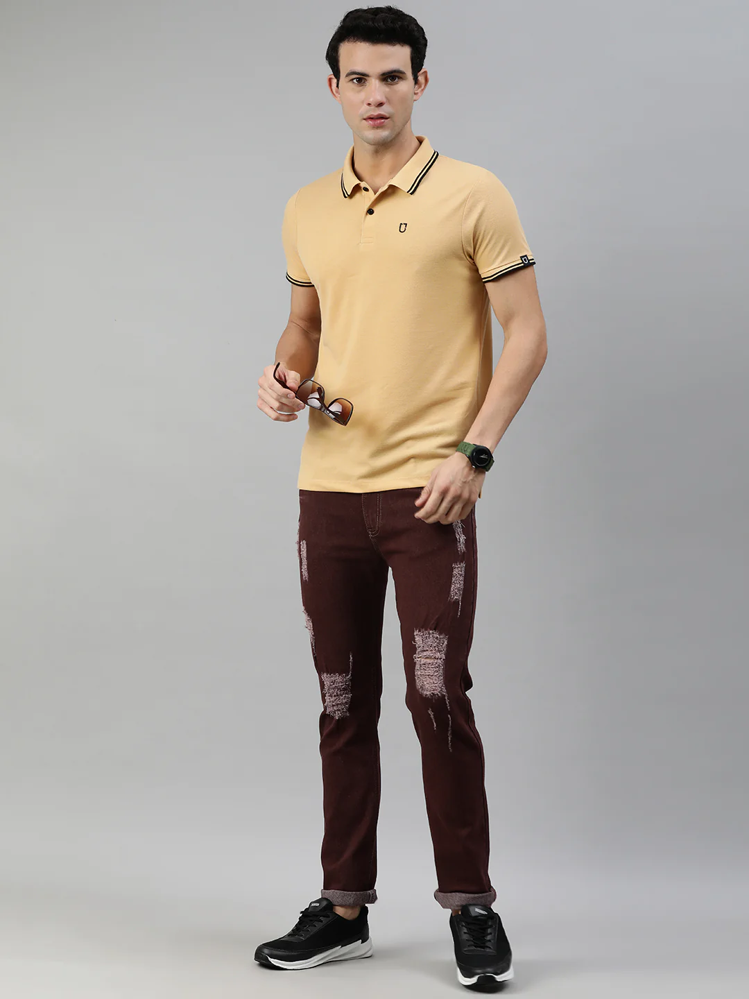 Men's Brown Slim Fit Heavy Distressed/Torn Jeans - Image 4