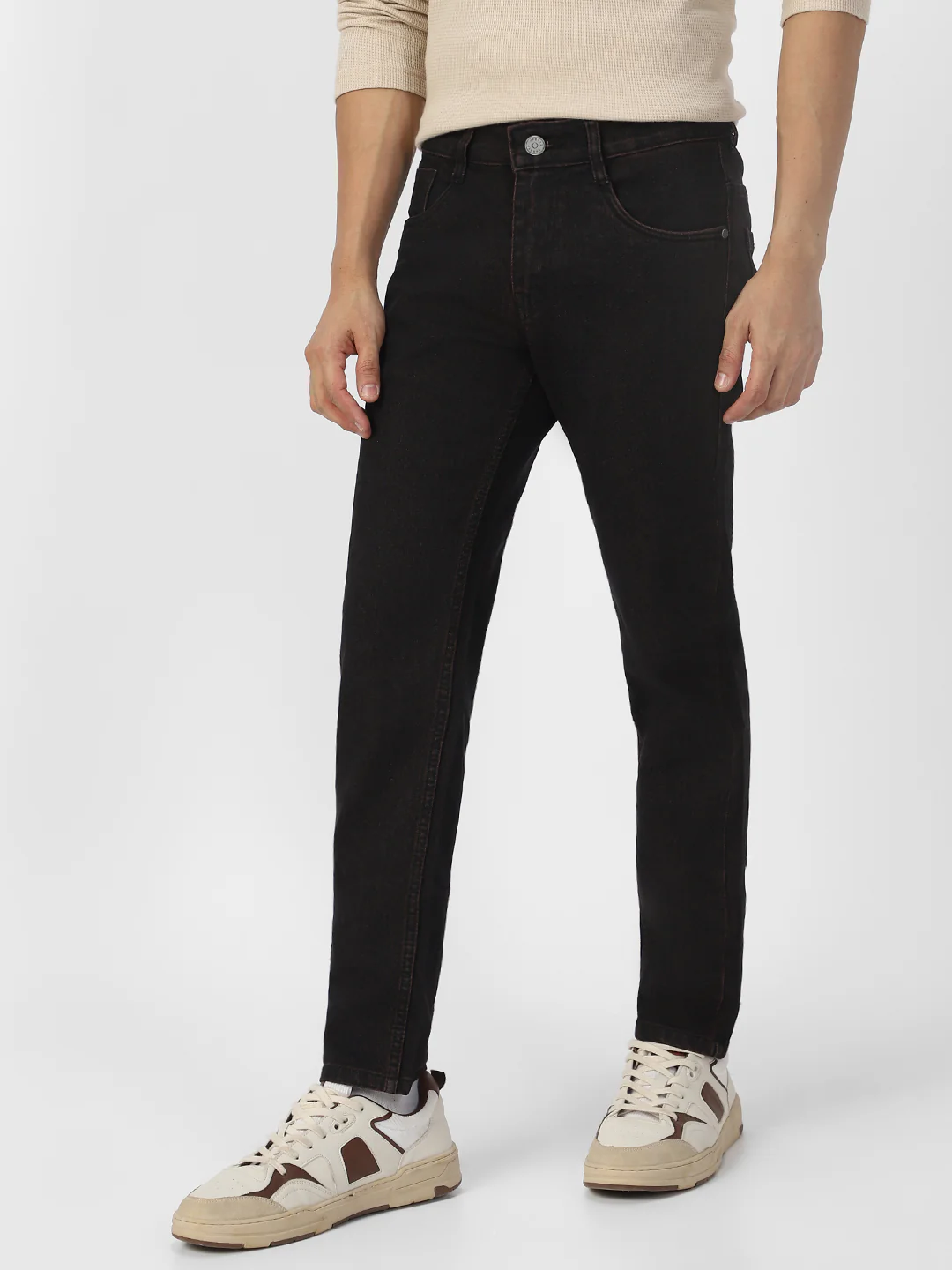 Men's Dark Brown Slim Fit Solid Jeans Stretchable - Image 3