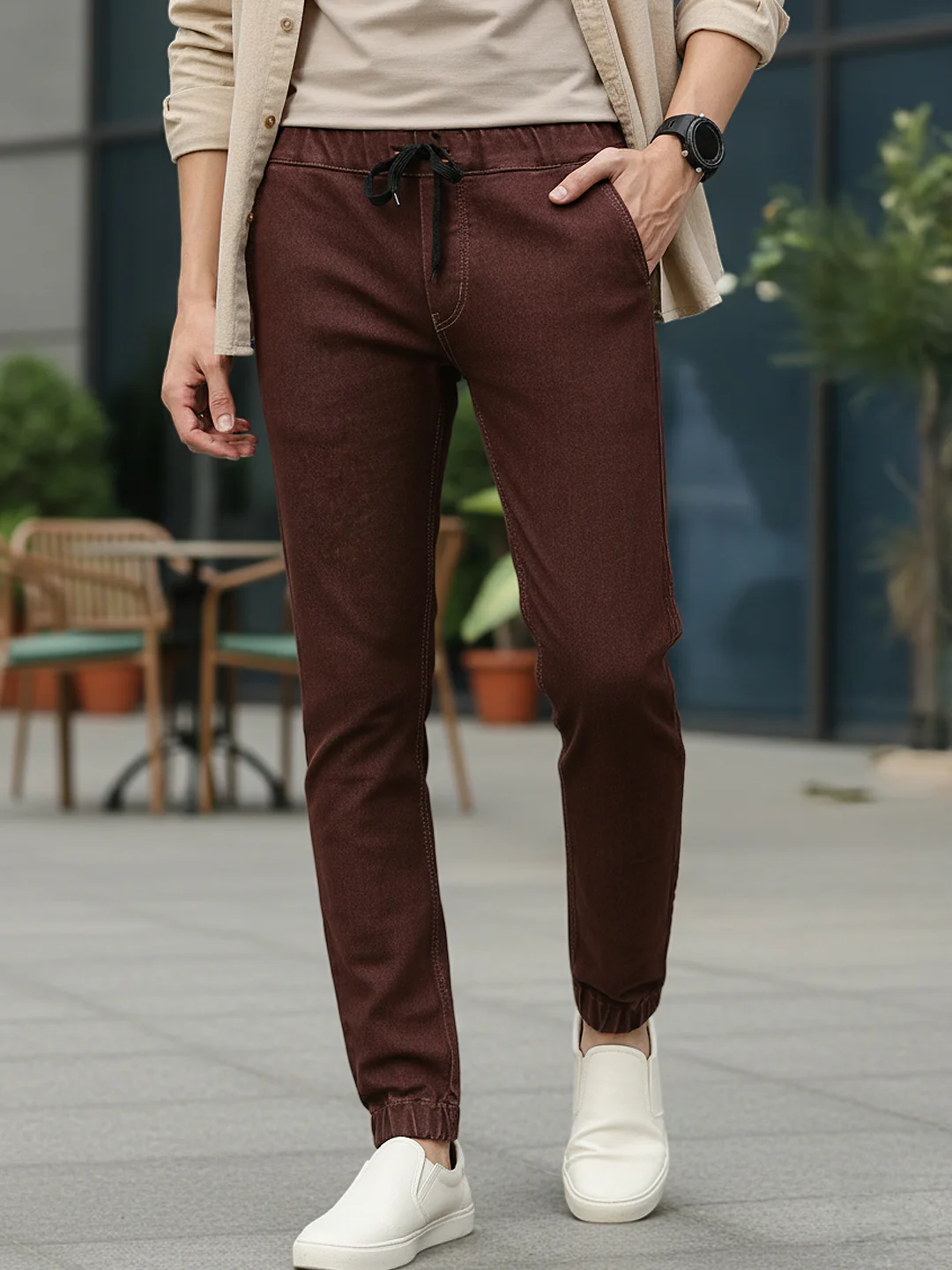 Men's Brown Slim Fit Washed Jogger Jeans Stretchable - Image 6