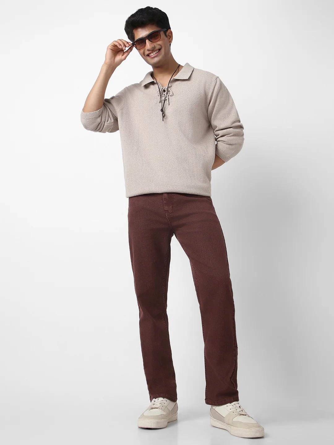 Men's Brown Straight Fit Washed Jeans Stretchable - Image 4