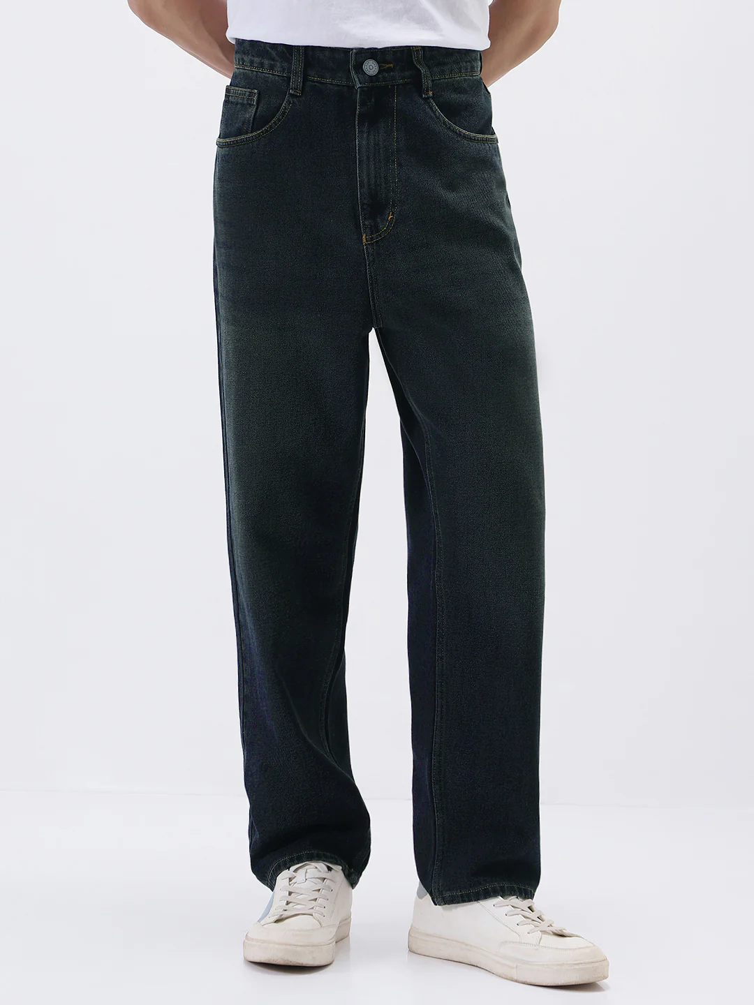 Men's Carbon Blue Loose Baggy Fit Heavy Washed Jeans Non-Stretchable