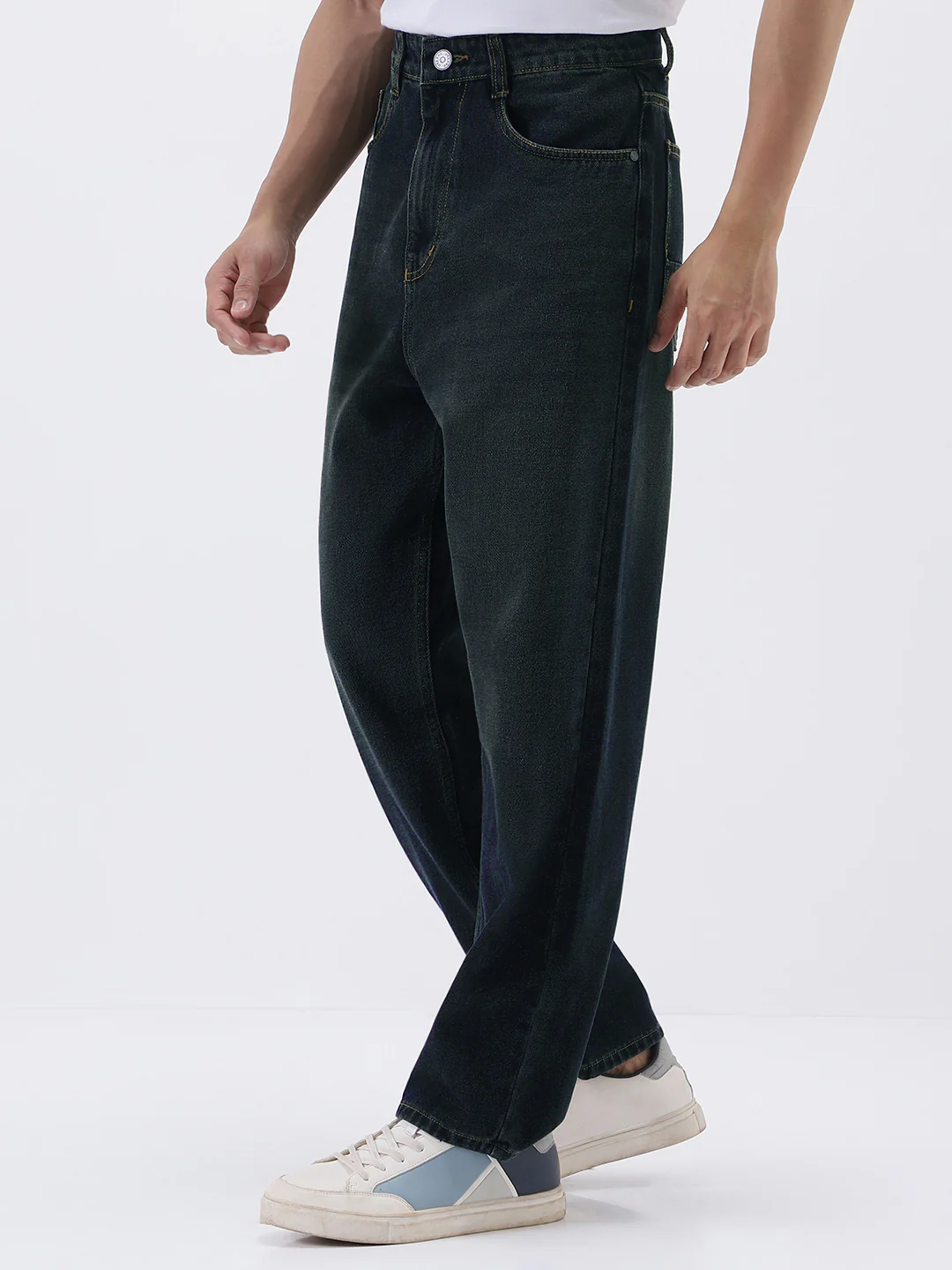 Men's Carbon Blue Loose Baggy Fit Heavy Washed Jeans Non-Stretchable - Image 2