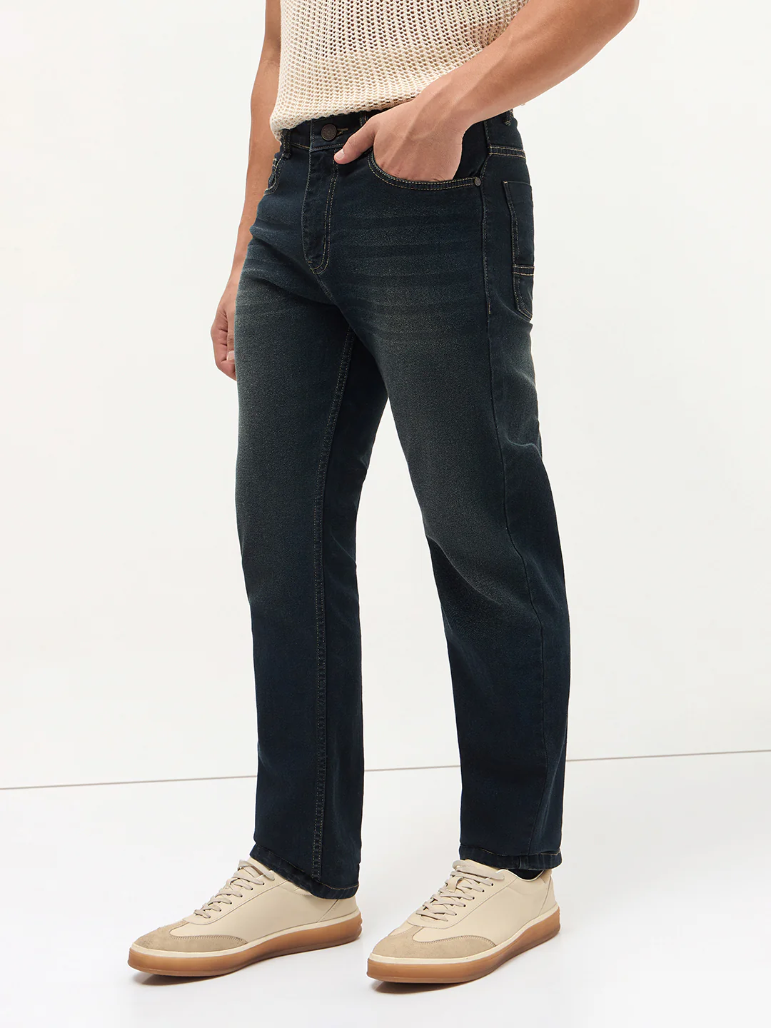 Men's Carbon Blue Regular Fit Whisker Wash Yellow Tint Denim Jeans Stretchable - Image 3