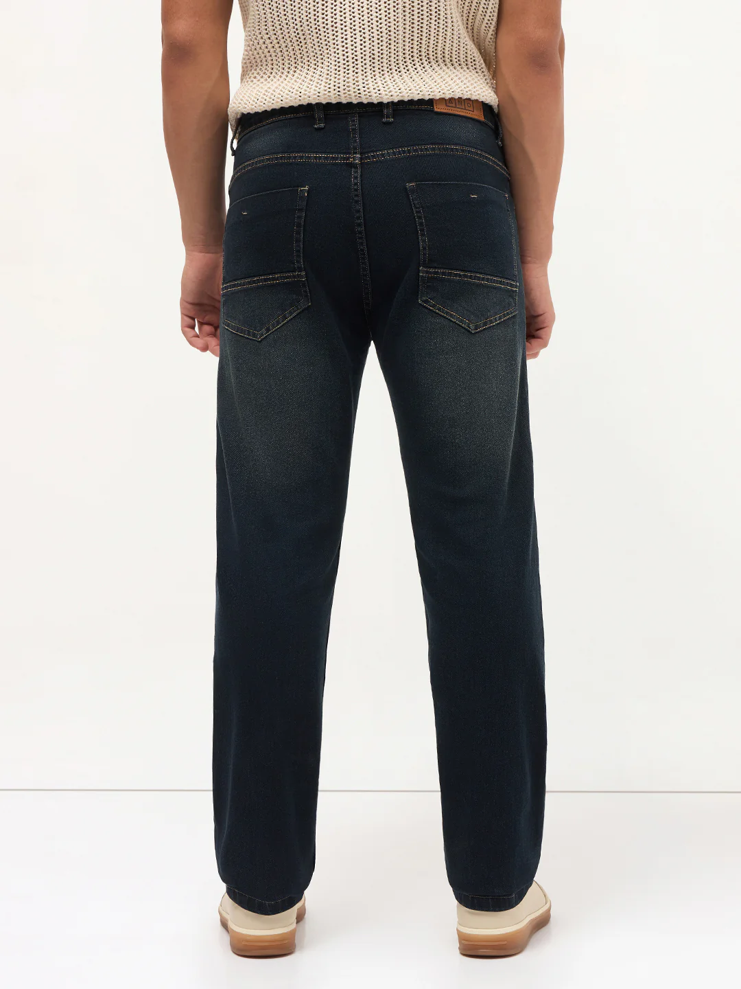 Men's Carbon Blue Regular Fit Whisker Wash Yellow Tint Denim Jeans Stretchable - Image 4
