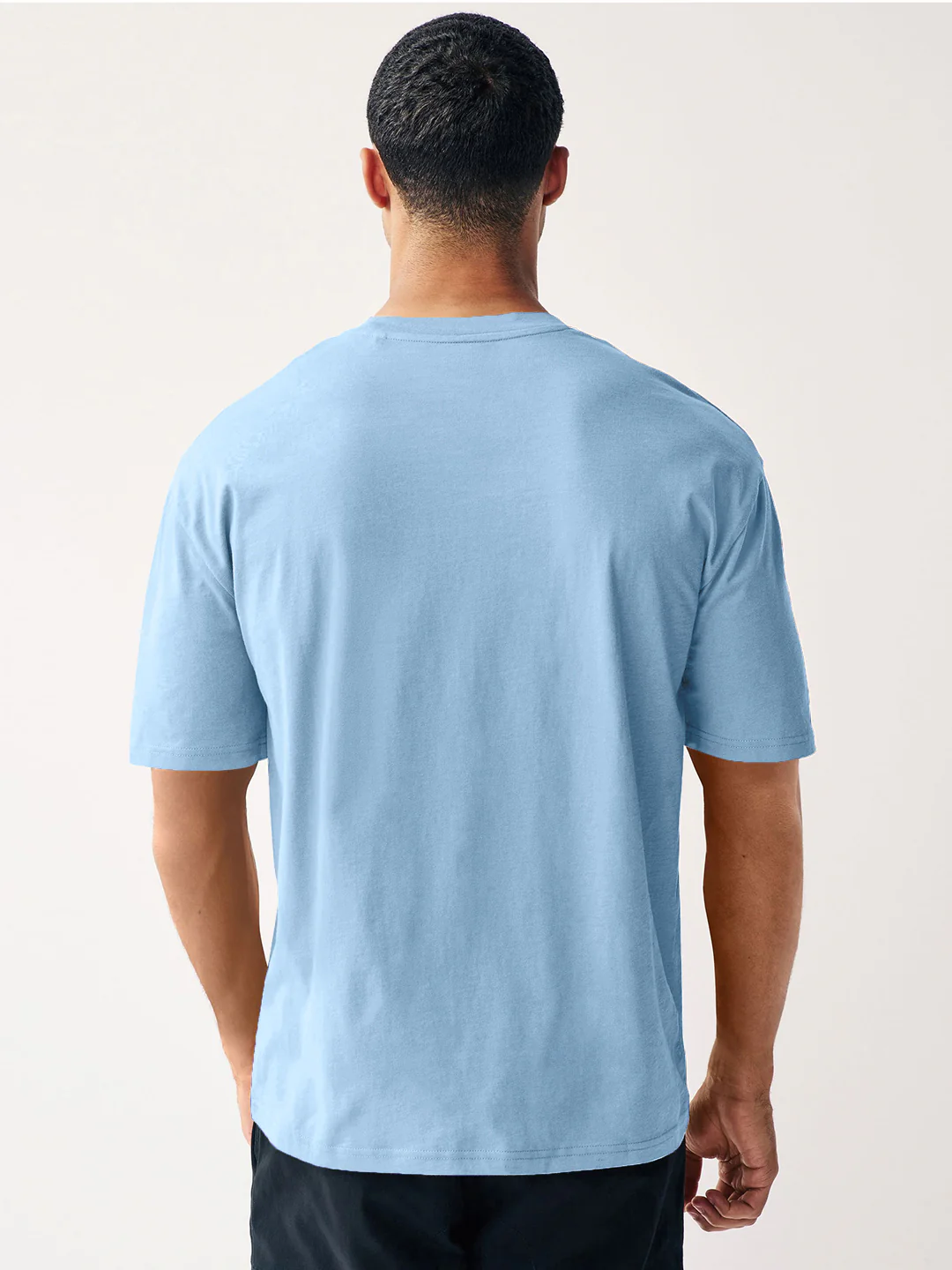 Men's Chambray Blue Solid Round Neck Oversized Half Sleeve Cotton T-Shirt - Image 3