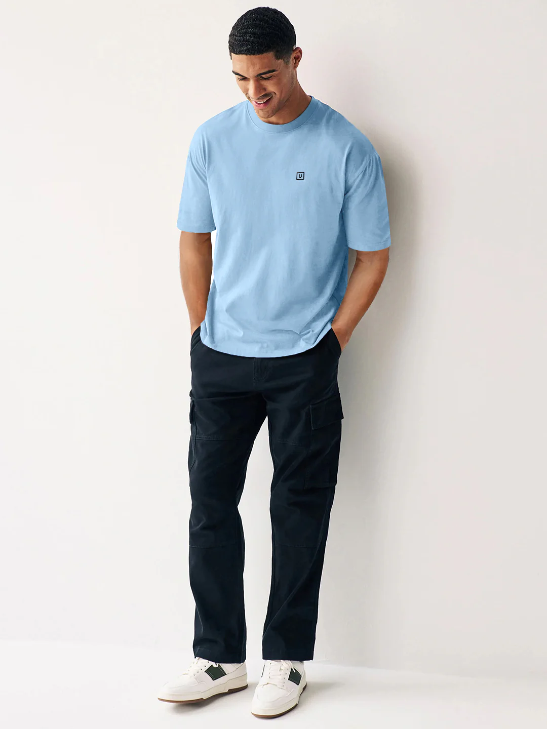 Men's Chambray Blue Solid Round Neck Oversized Half Sleeve Cotton T-Shirt - Image 4