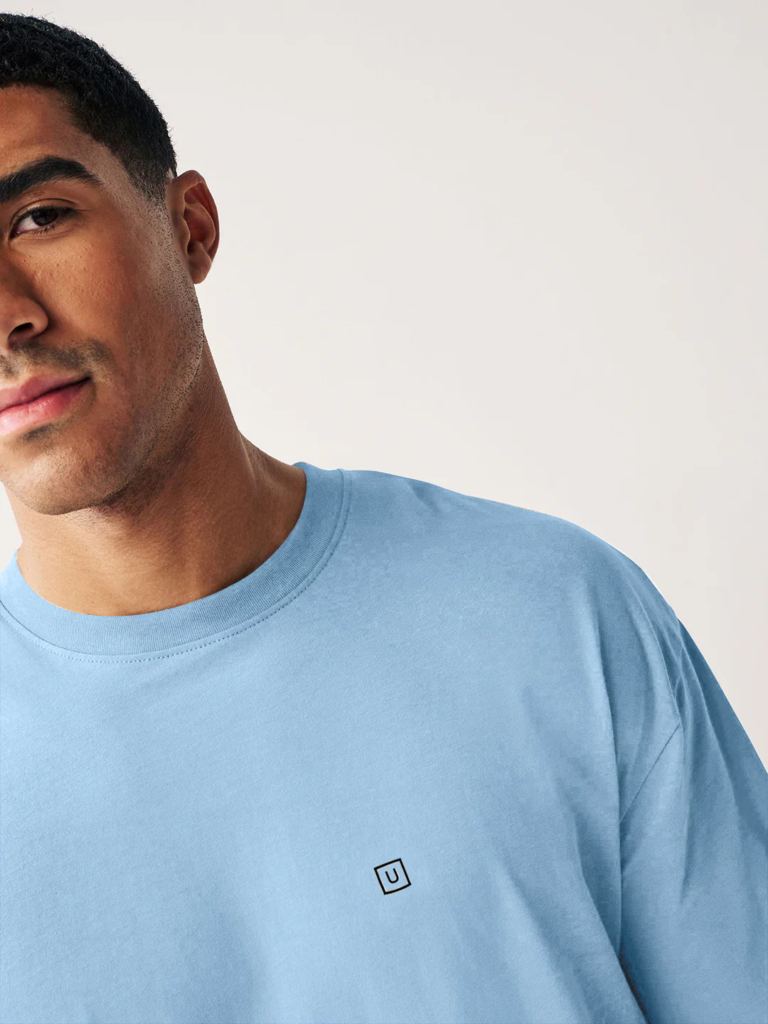 Men's Chambray Blue Solid Round Neck Oversized Half Sleeve Cotton T-Shirt - Image 5