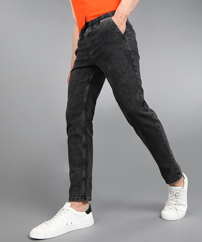 Men's Charcoal Black Regular Fit Washed Jogger Jeans Stretchable - Image 2
