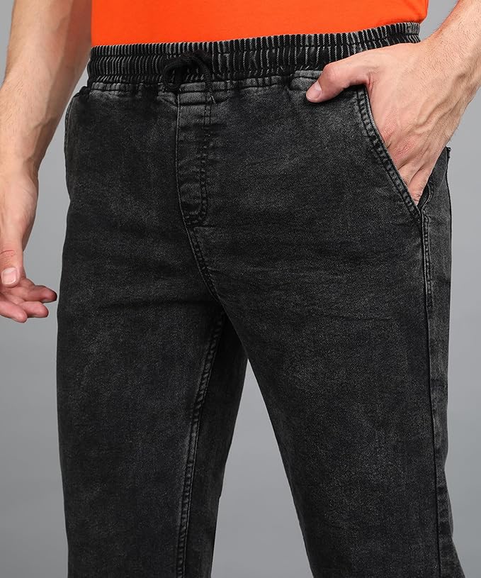 Men's Charcoal Black Regular Fit Washed Jogger Jeans Stretchable - Image 5