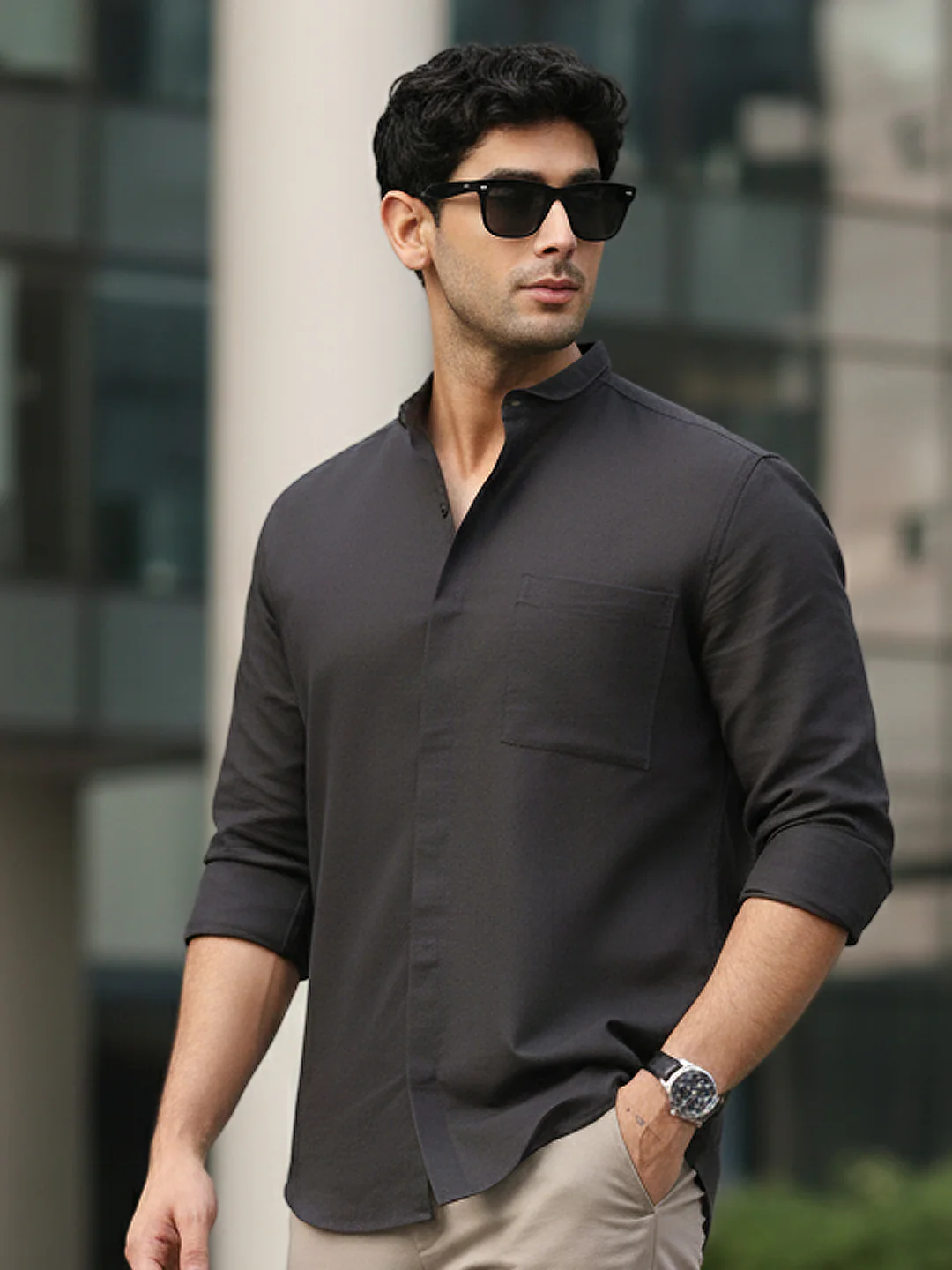 Men's Charcoal Cotton Full Sleeve Regular Fit Casual Solid Shirt with Band Collar