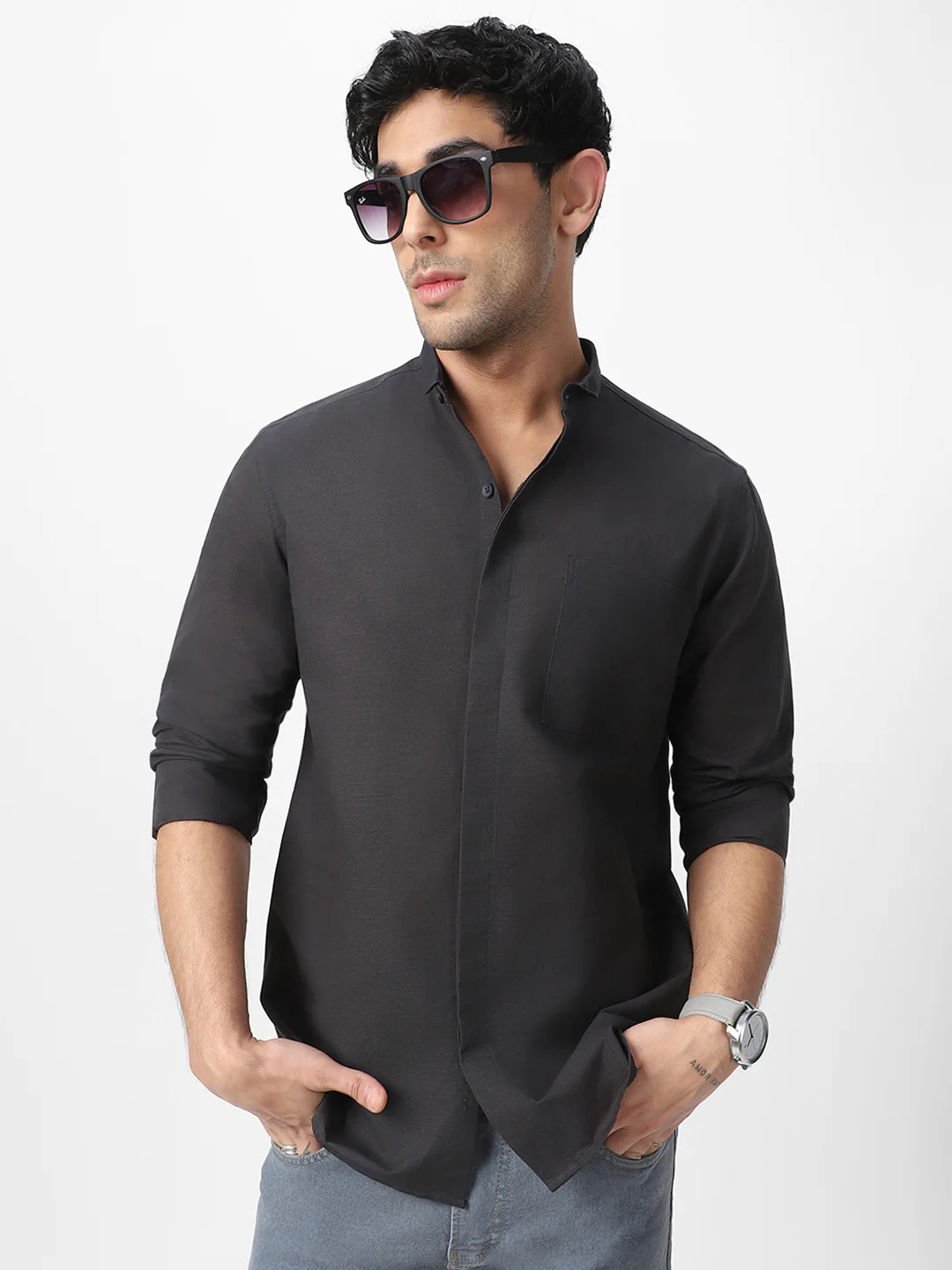 Men's Charcoal Cotton Full Sleeve Regular Fit Casual Solid Shirt with Band Collar - Image 2