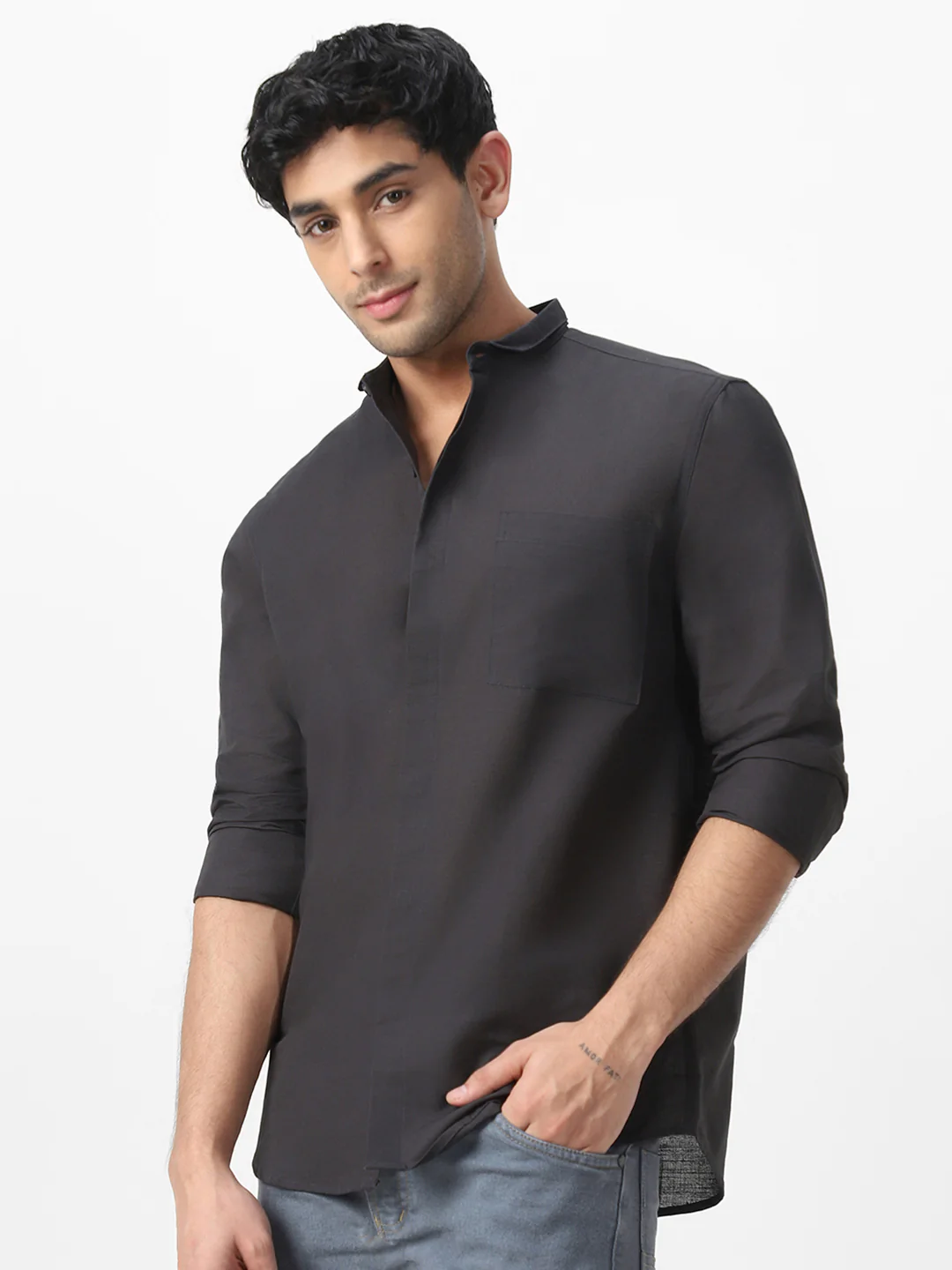 Men's Charcoal Cotton Full Sleeve Regular Fit Casual Solid Shirt with Band Collar - Image 3