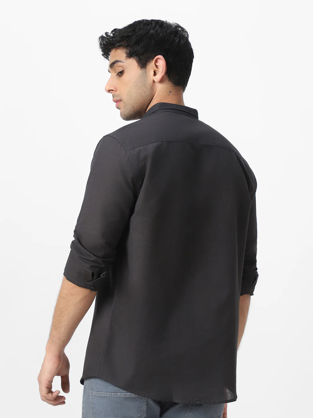 Men's Charcoal Cotton Full Sleeve Regular Fit Casual Solid Shirt with Band Collar - Image 4