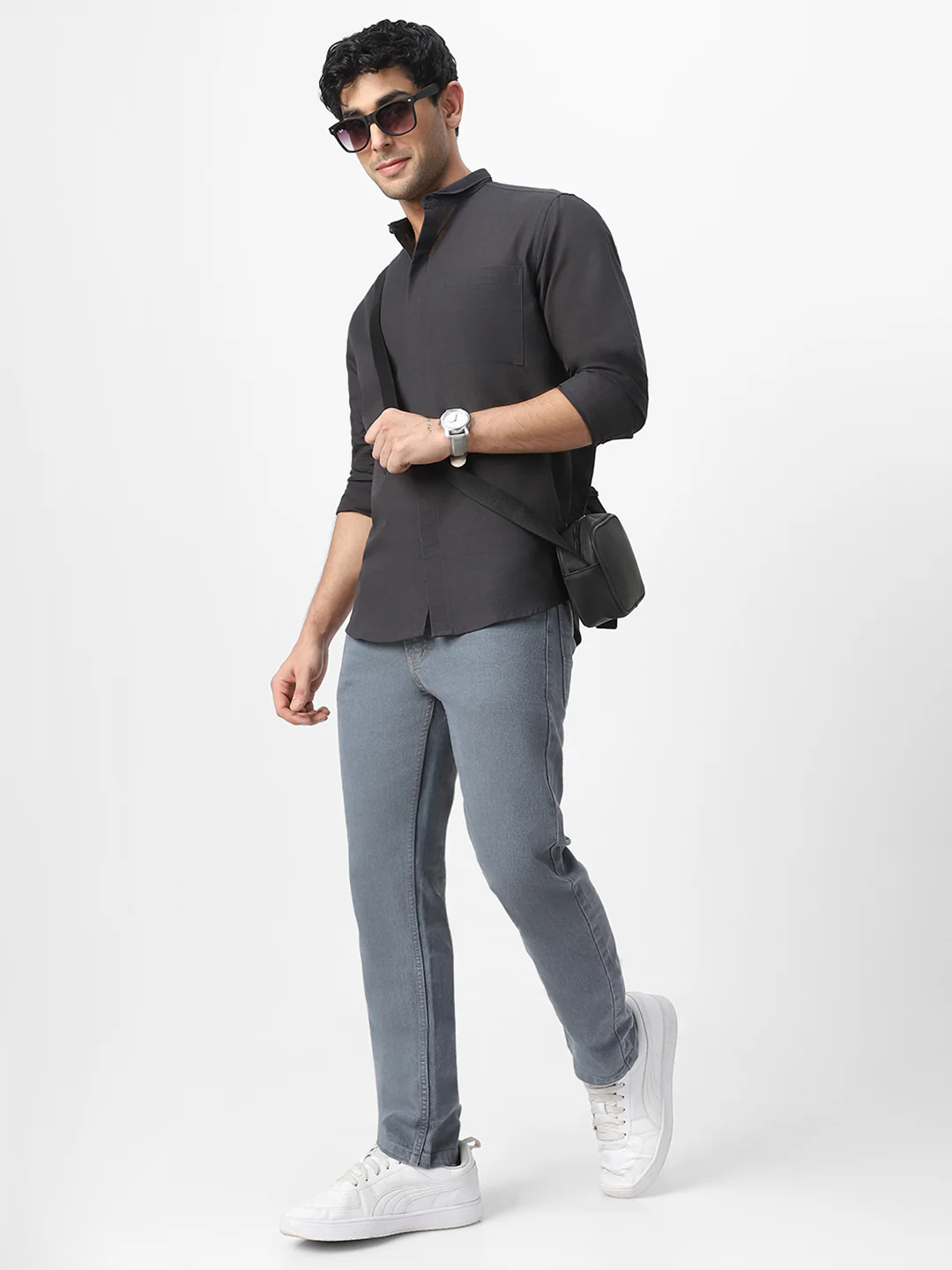 Men's Charcoal Cotton Full Sleeve Regular Fit Casual Solid Shirt with Band Collar - Image 5
