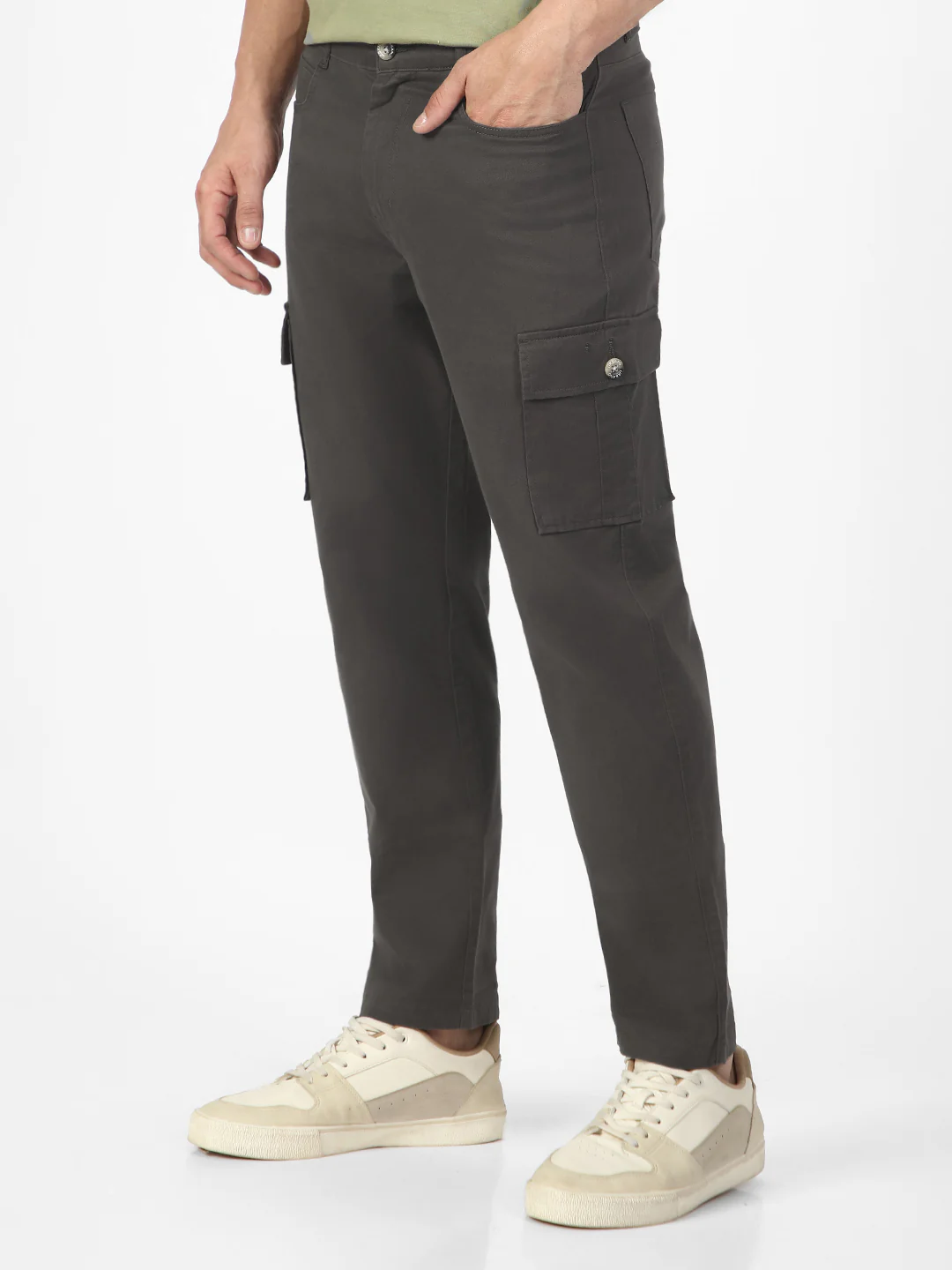 Men's Charcoal Grey Regular Fit Solid Cargo Chino Pant with 6 Pockets Stretchable - Image 2