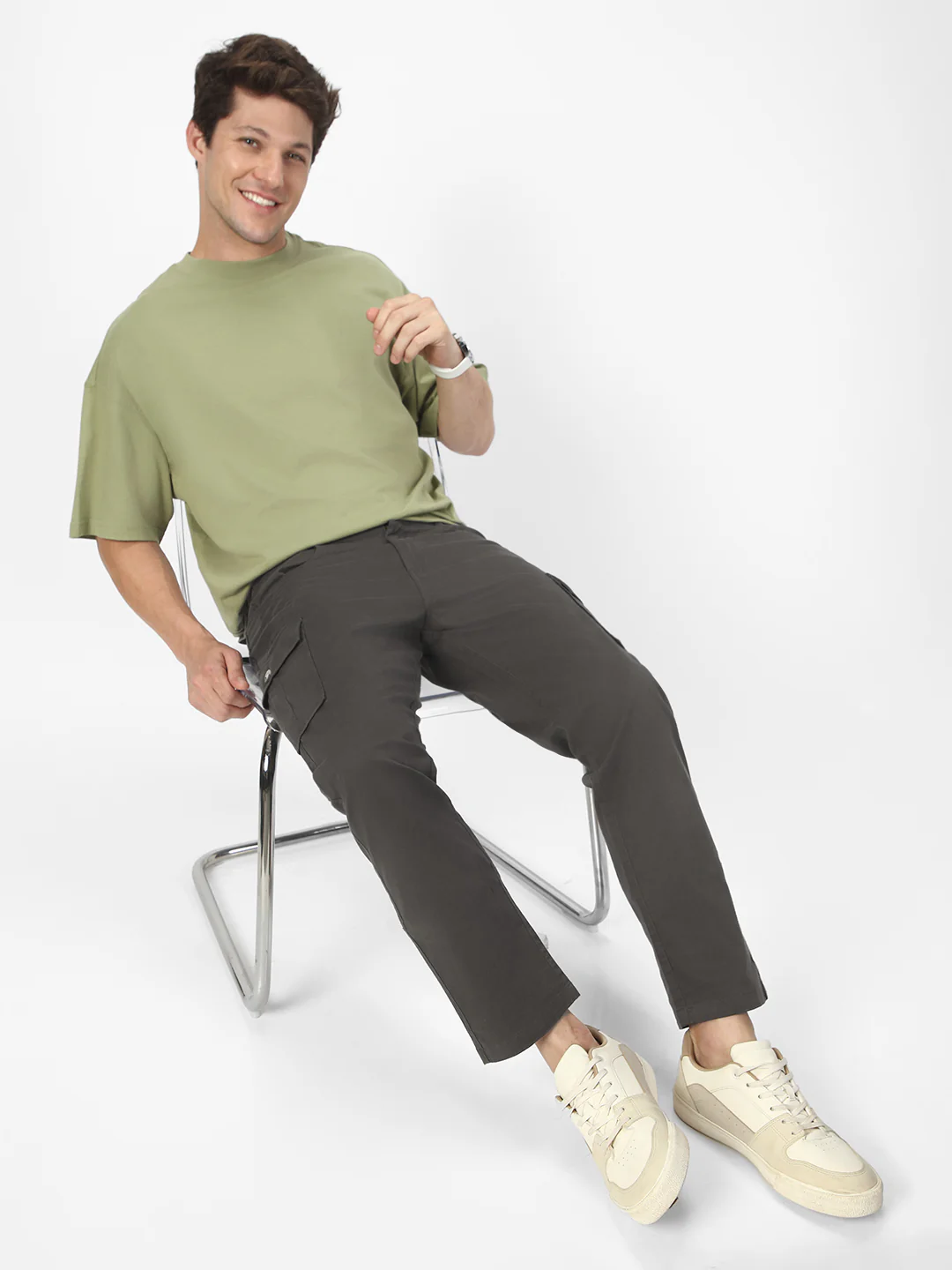 Men's Charcoal Grey Regular Fit Solid Cargo Chino Pant with 6 Pockets Stretchable - Image 4