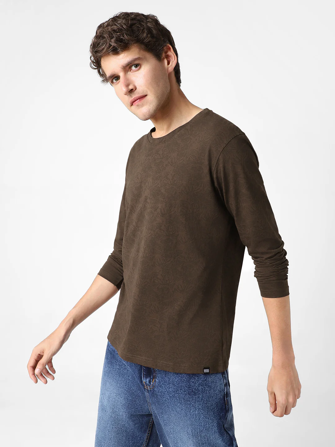 Men's Chicory Coffee Printed Full Sleeve Slim Fit Cotton T-Shirt - Image 2