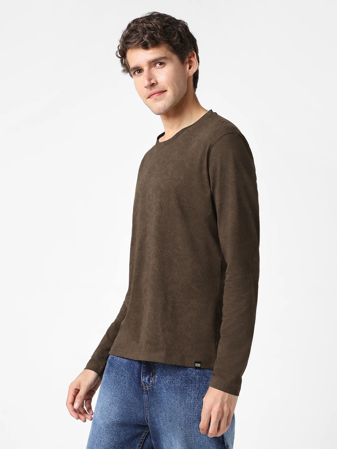Men's Chicory Coffee Printed Full Sleeve Slim Fit Cotton T-Shirt - Image 3