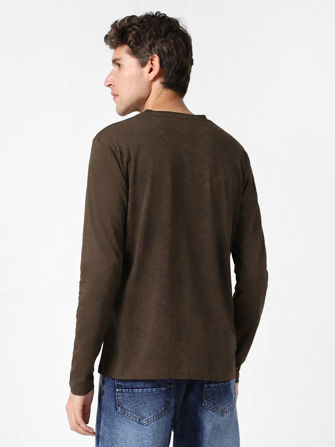 Men's Chicory Coffee Printed Full Sleeve Slim Fit Cotton T-Shirt - Image 4
