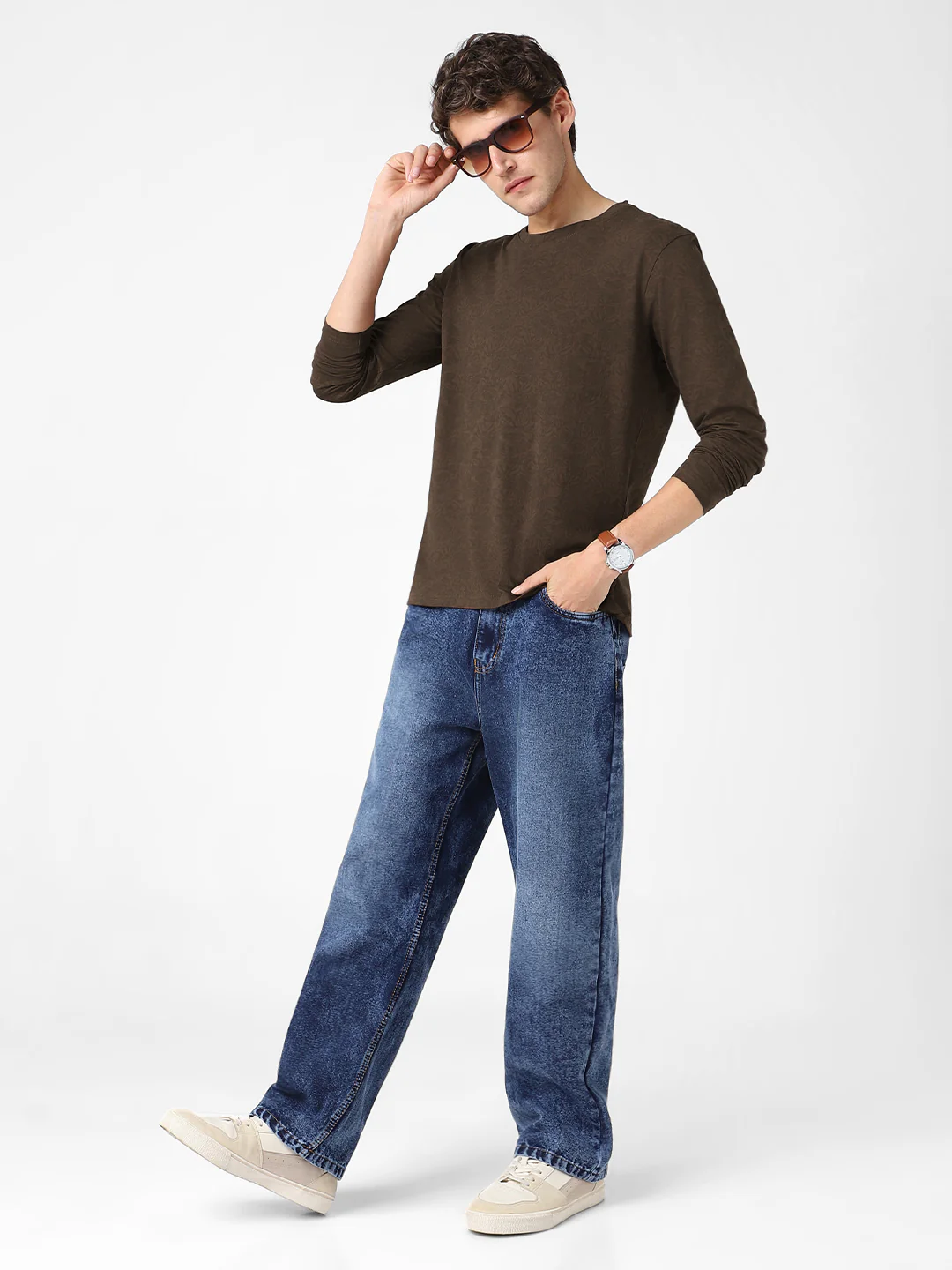 Men's Chicory Coffee Printed Full Sleeve Slim Fit Cotton T-Shirt - Image 5