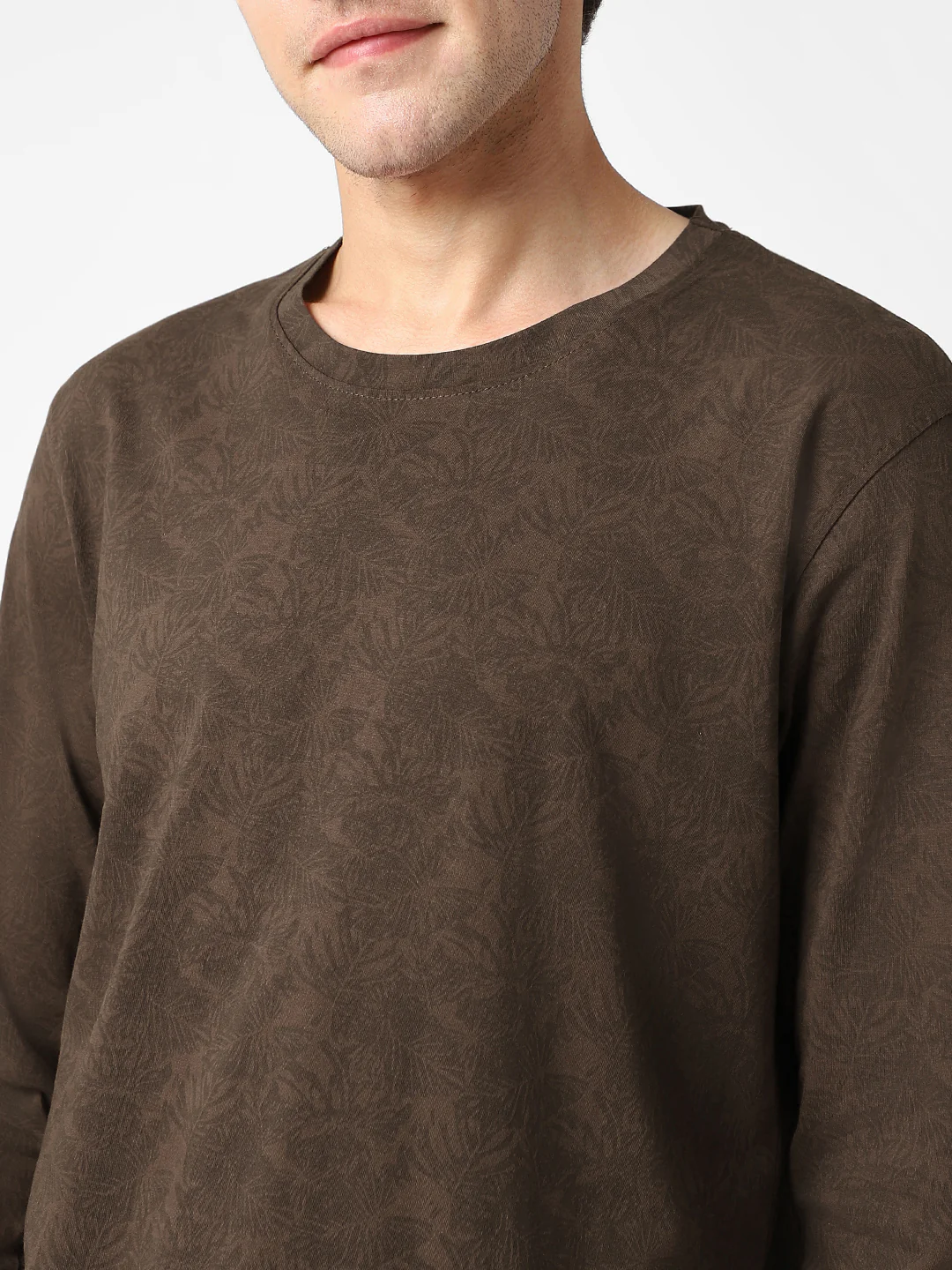 Men's Chicory Coffee Printed Full Sleeve Slim Fit Cotton T-Shirt - Image 6
