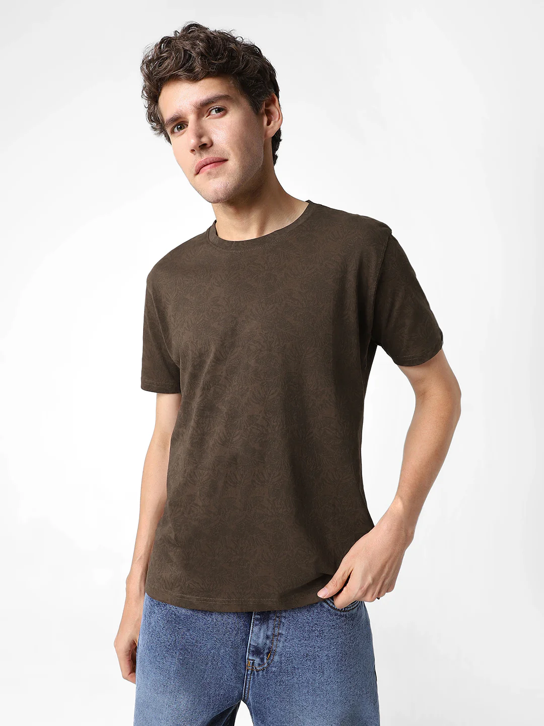 Men's Chicory Coffee Printed Half Sleeve Slim Fit Cotton T-Shirt - Image 2