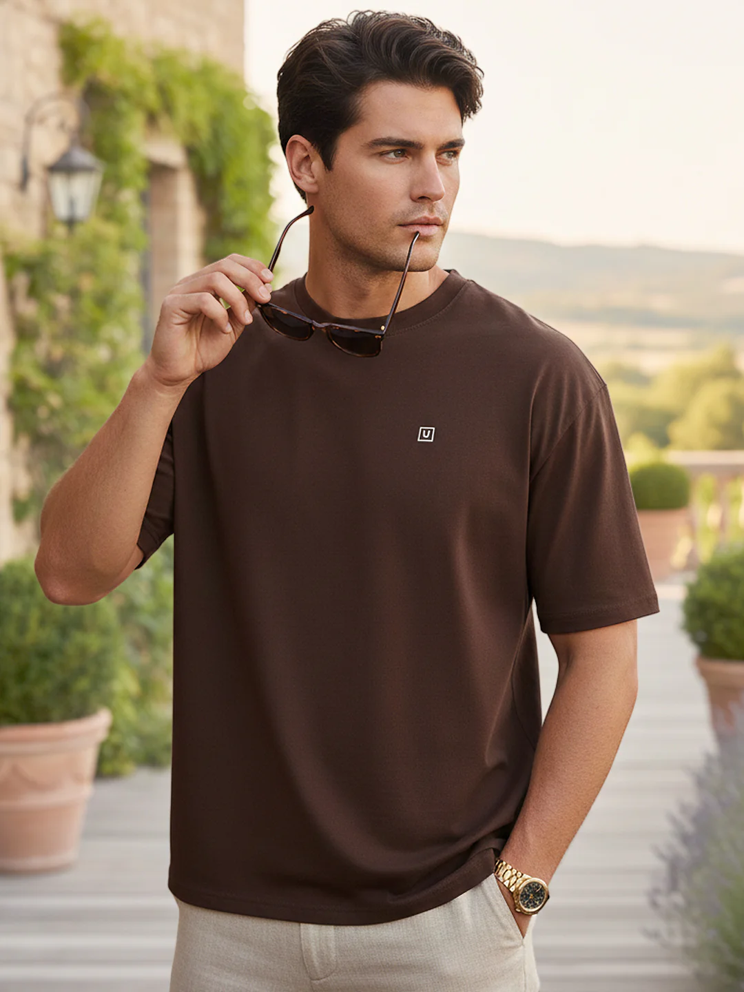 Men's Chicory Coffee Solid Round Neck Oversized Half Sleeve Cotton T-Shirt