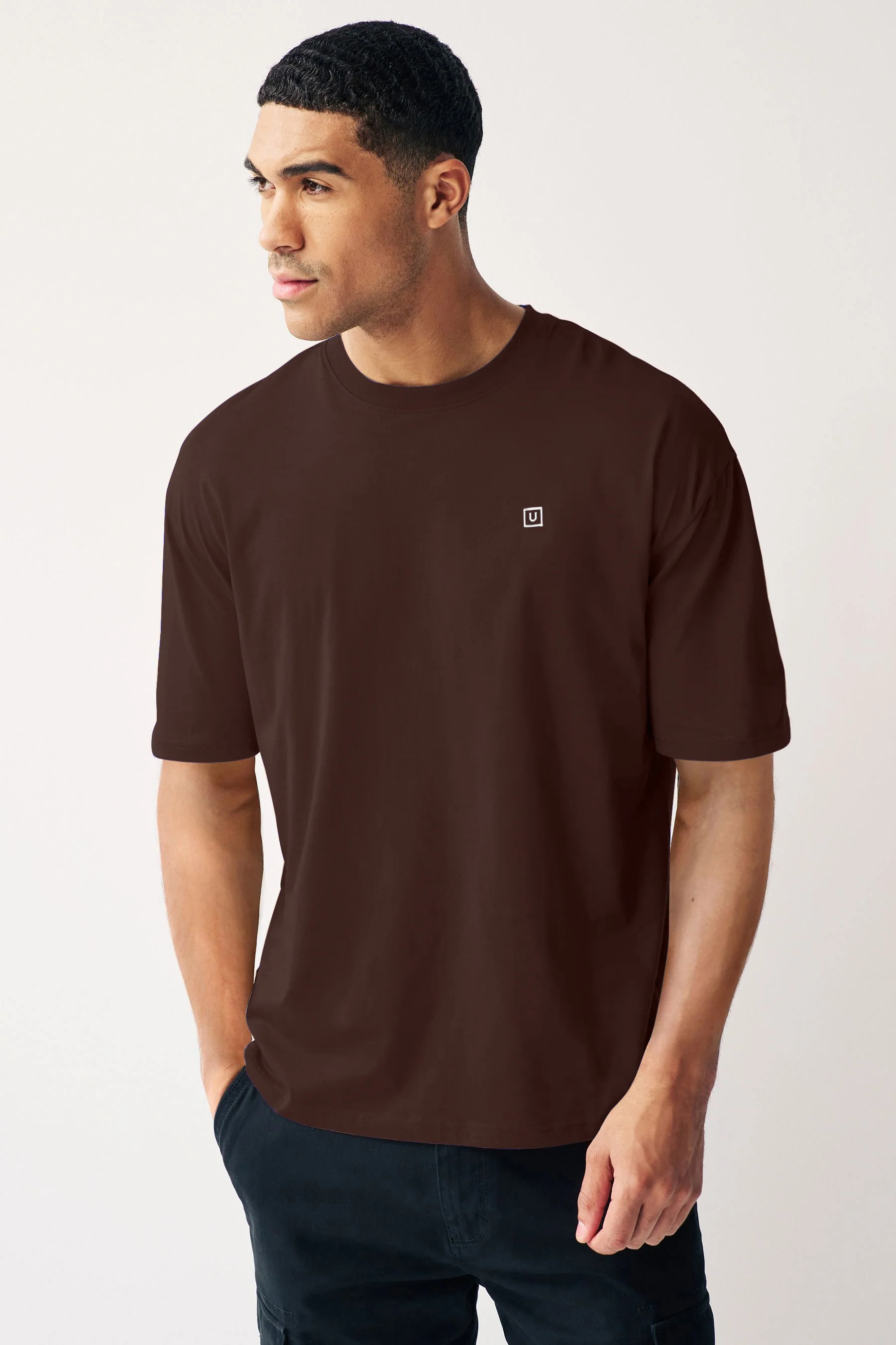 Men's Chicory Coffee Solid Round Neck Oversized Half Sleeve Cotton T-Shirt - Image 2