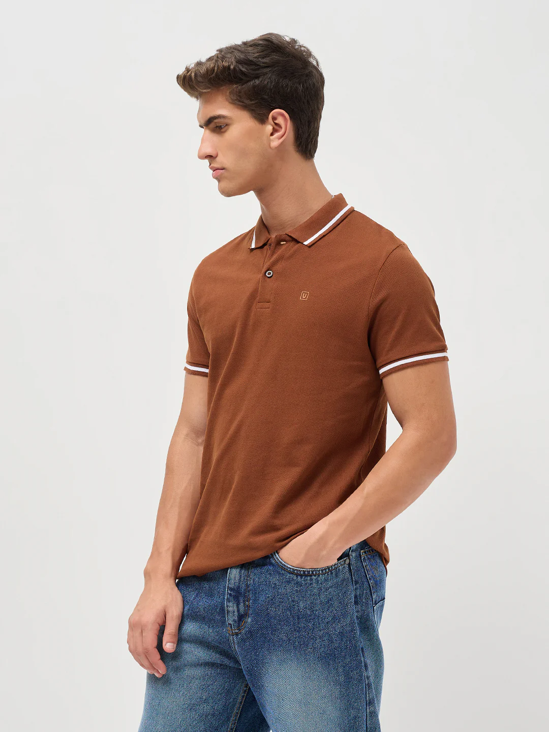 Men's Chocolate Brown Solid Regular Fit Half Sleeve Cotton Polo T-Shirt - Image 2